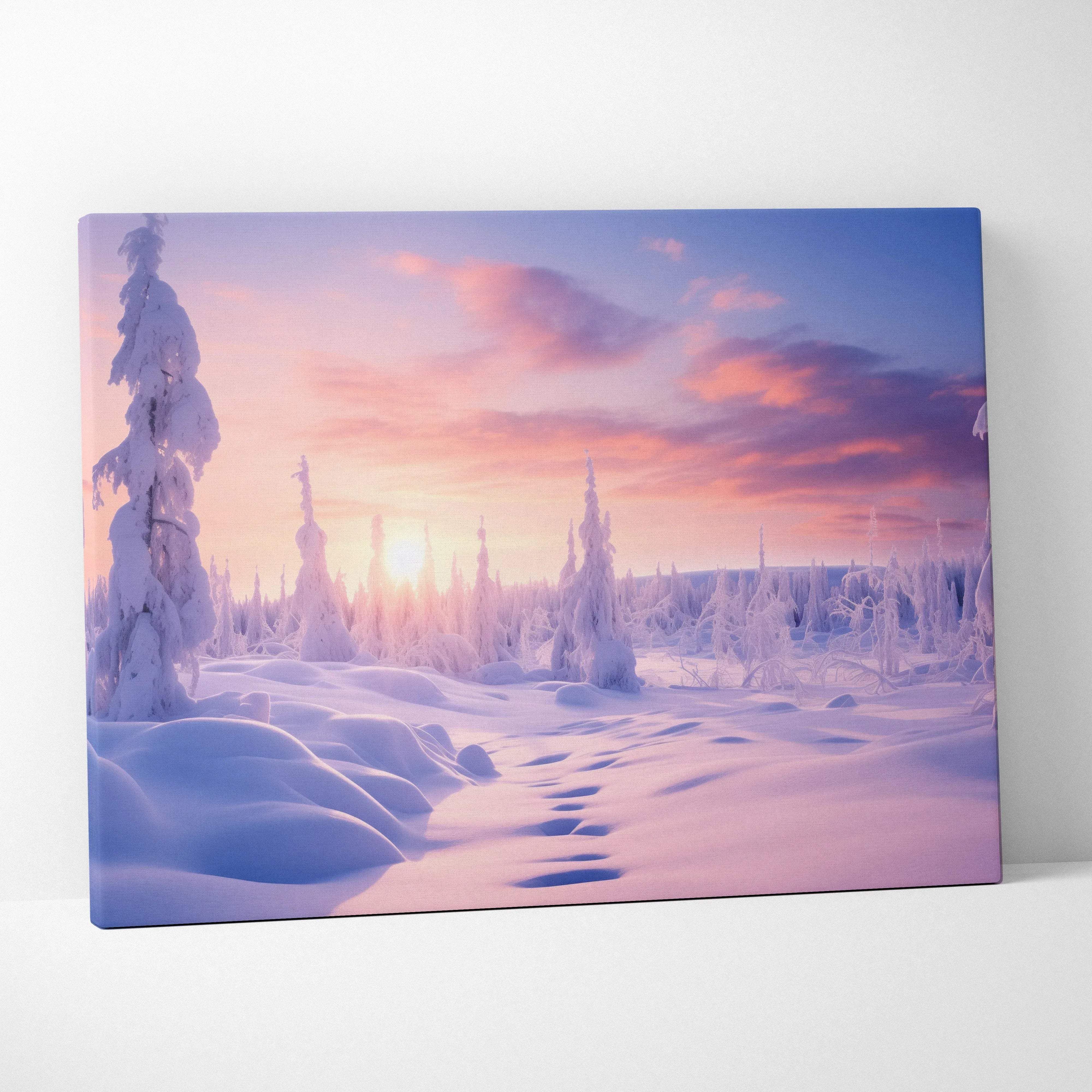 A rectangular canvas print of a dreamy winter snowy landscape with snow-covered trees under a pink and blue sunset glow