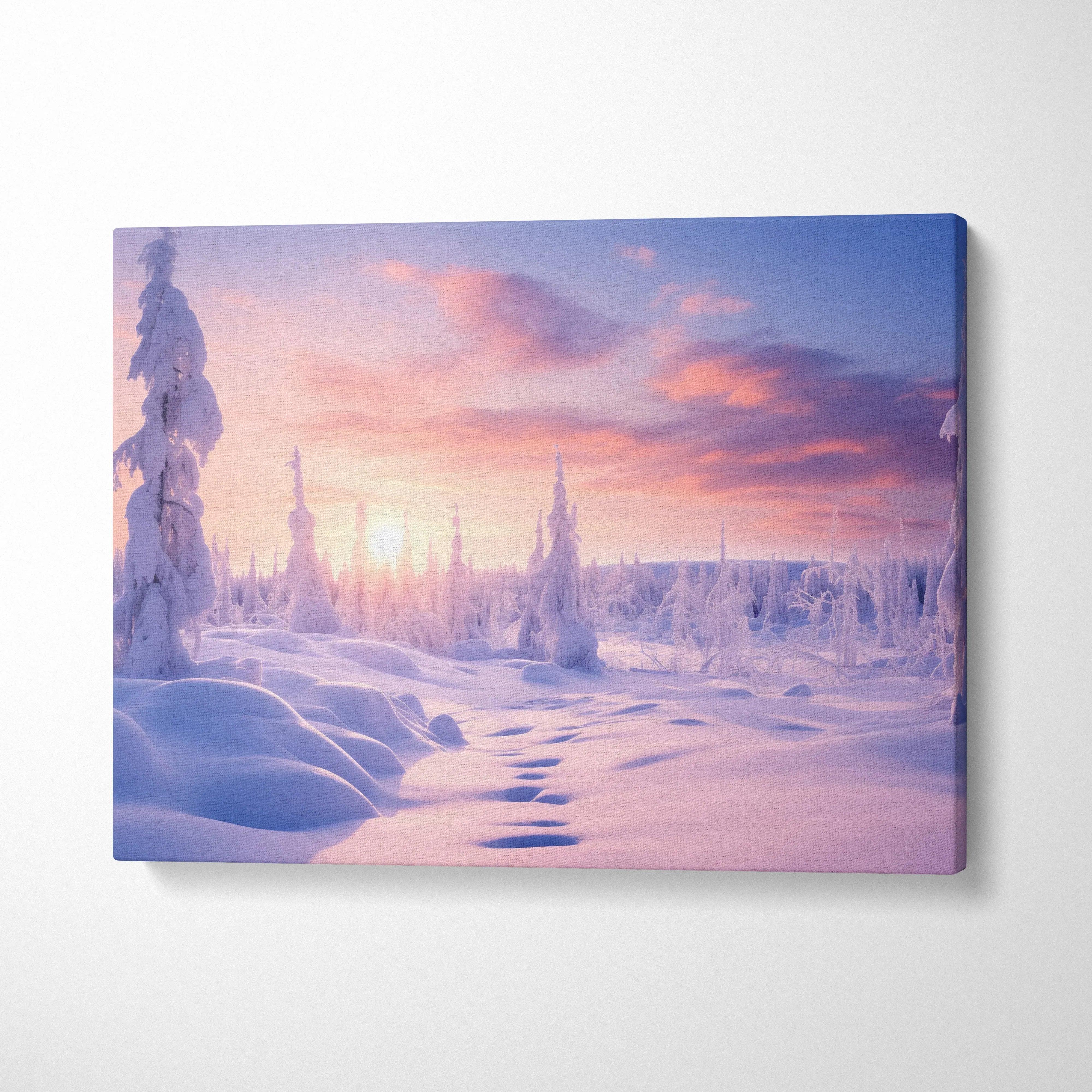 Winter snowy sunset landscape canvas wall art with soft pink and purple sky decor.