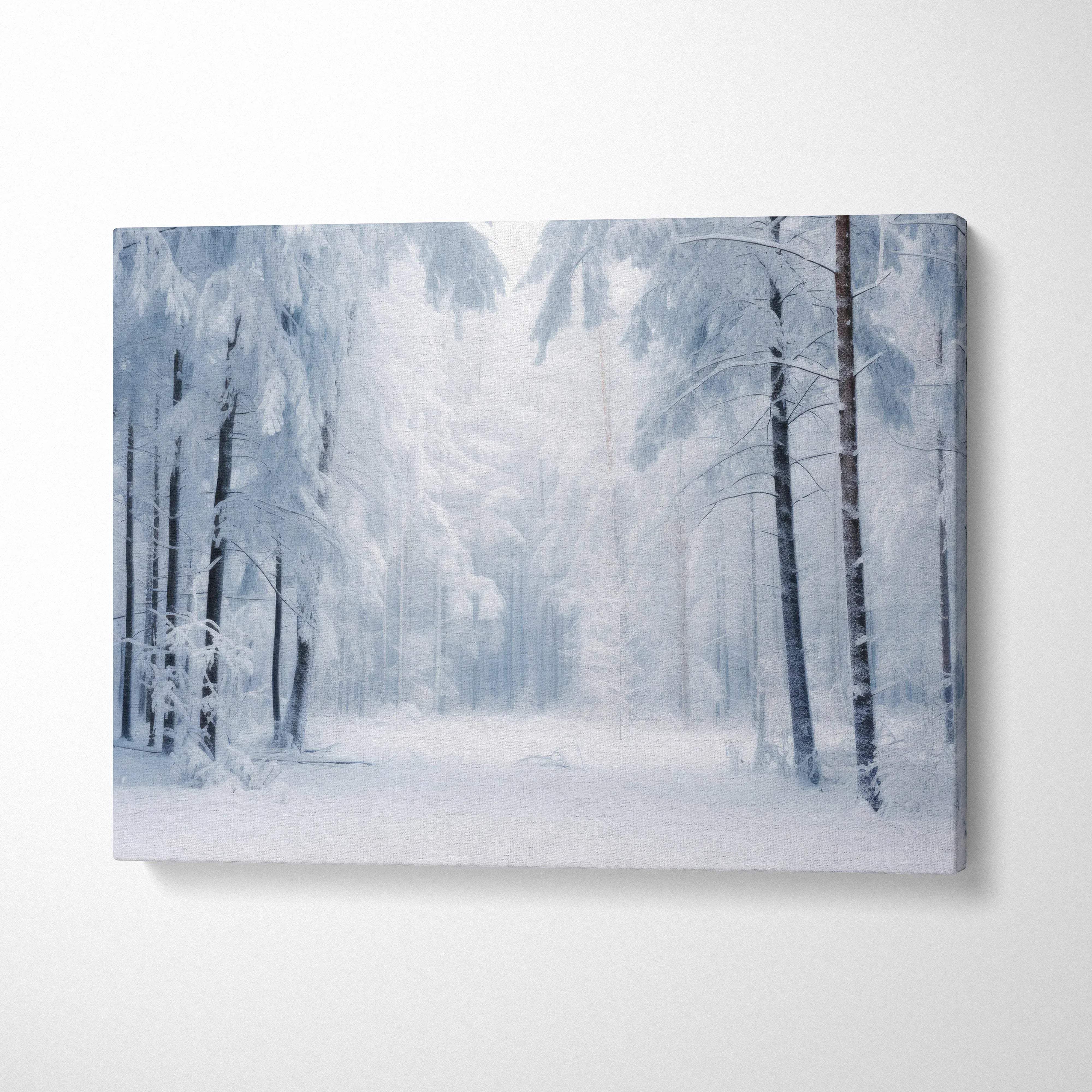 Dreamy winter snowy forest canvas wall art with frosted trees and soft light decor.