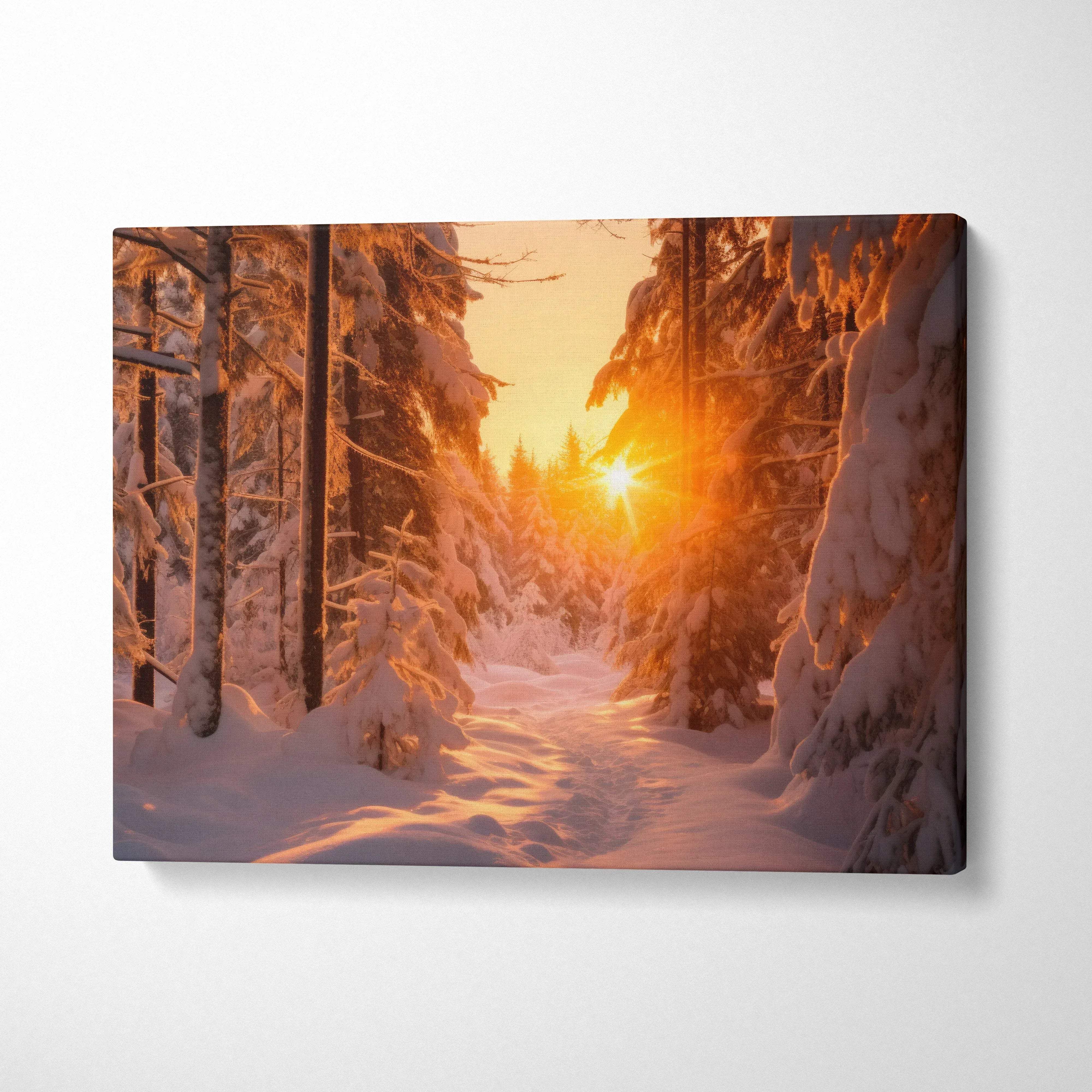Winter forest sunset canvas wall art with snowy trees and warm orange glow decor.