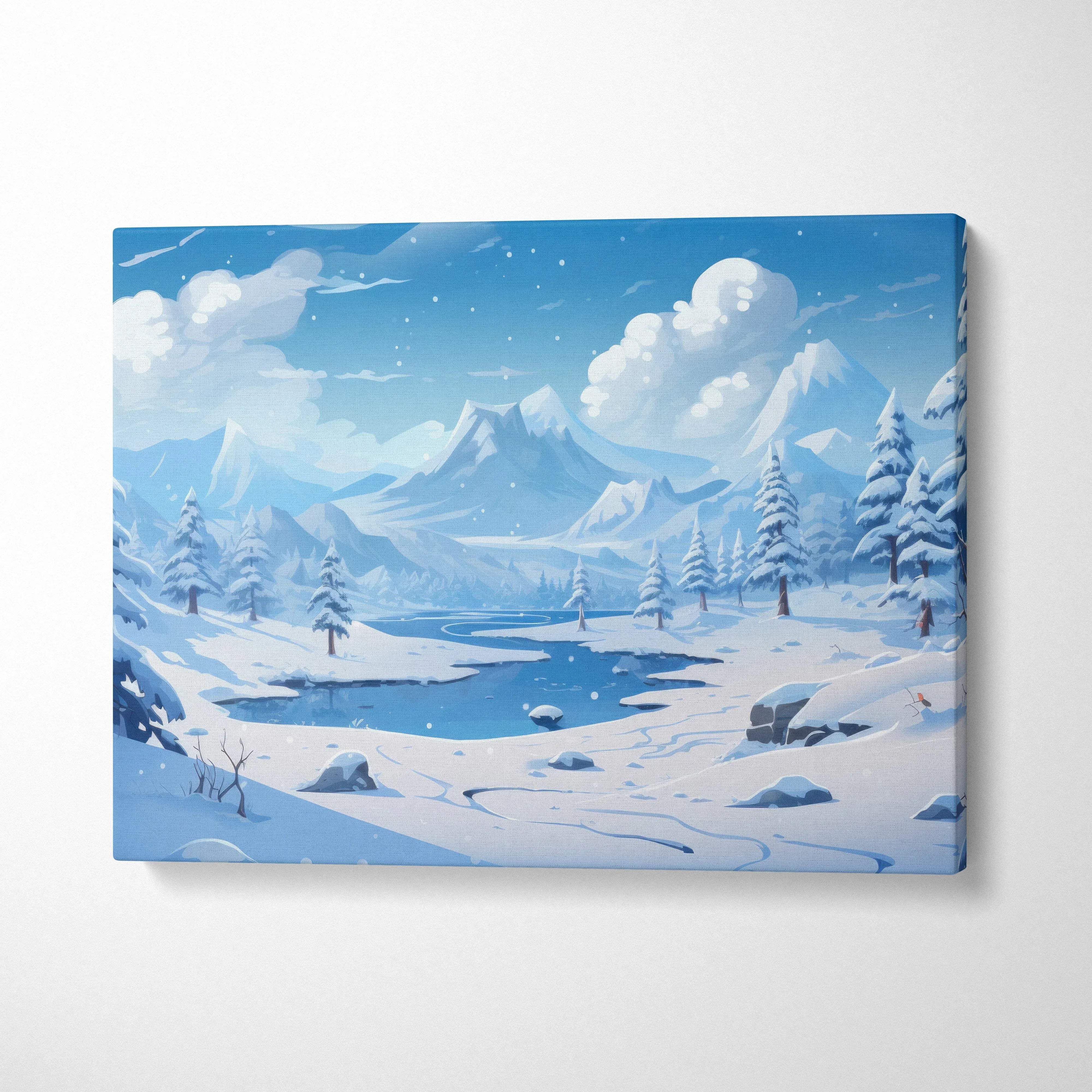Winter landscape canvas wall art with snowy trees, mountains, and cloudy blue sky decor.