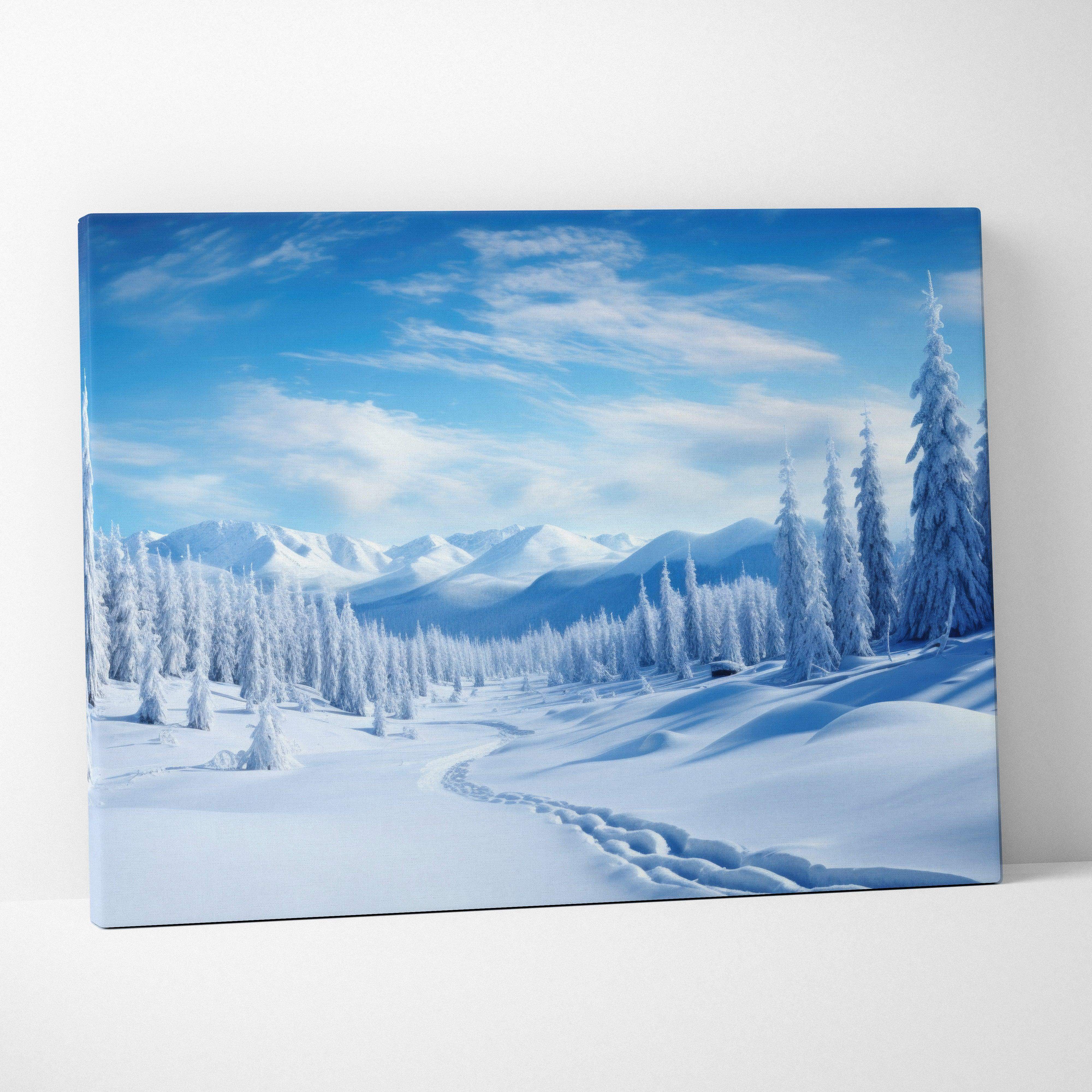 Dreamy winter landscape canvas wall art featuring snow-covered pine trees against a bright blue sky for serene decor