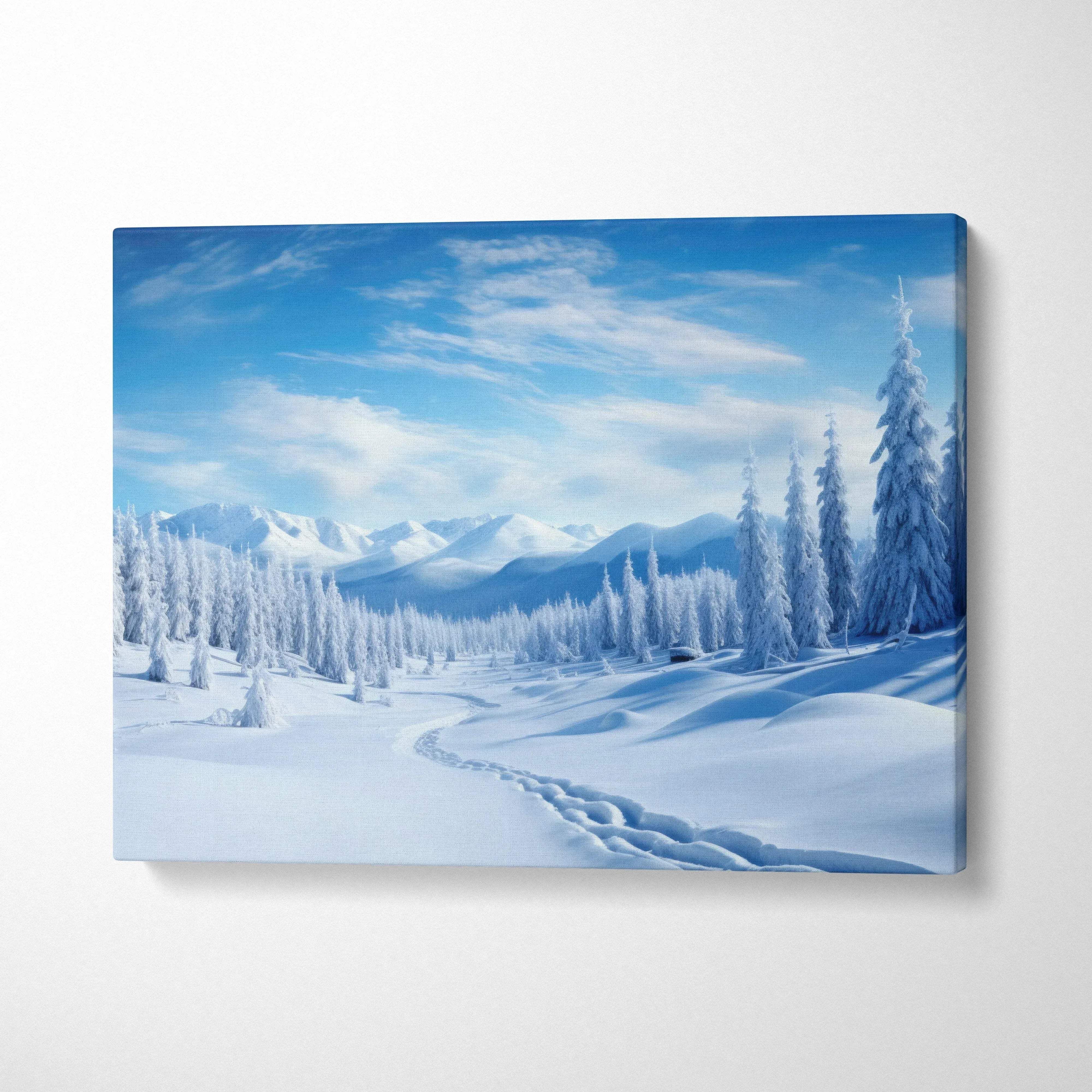 Canvas wall art featuring a snowy winter landscape with frosted trees and blue sky decor.