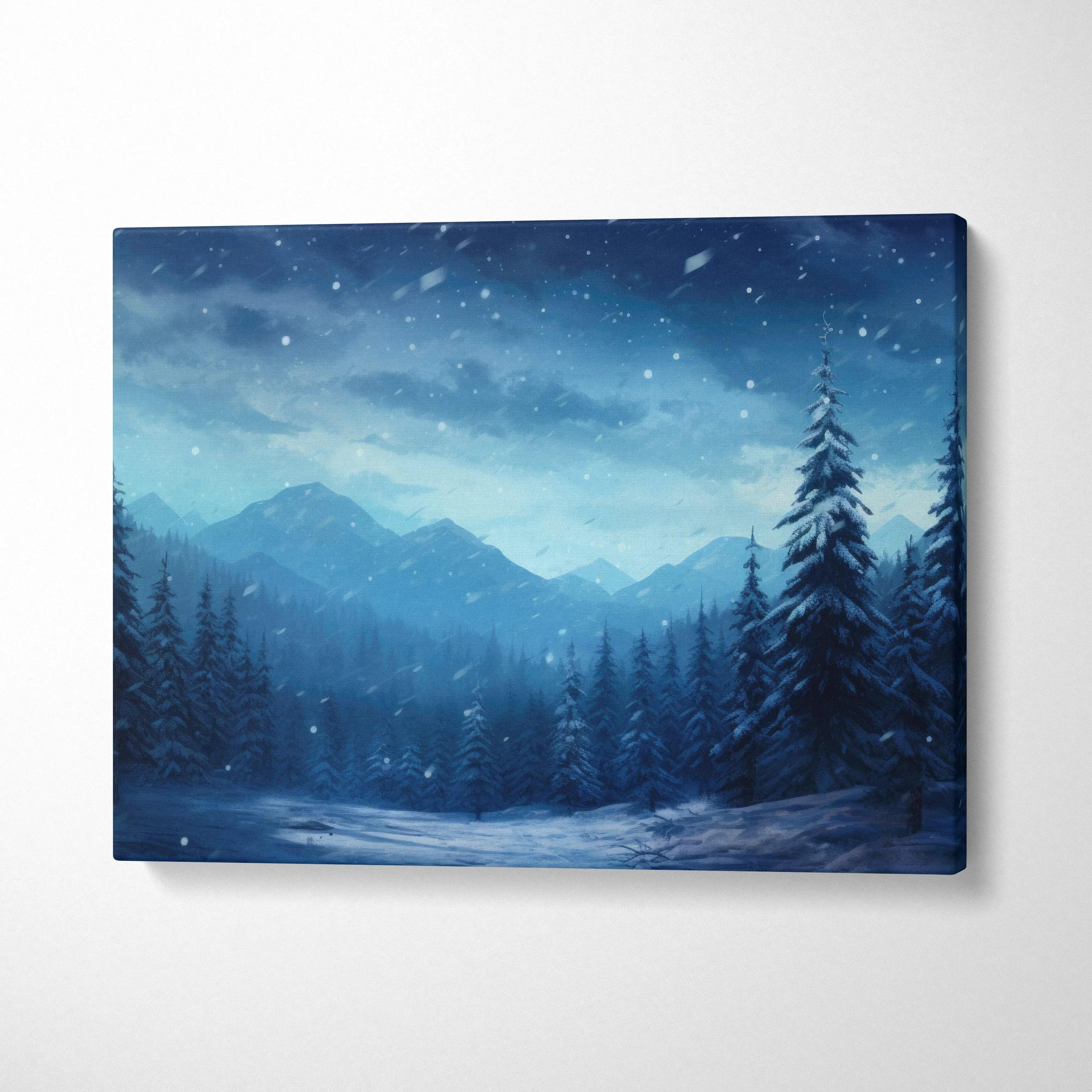 Winter night snowstorm scene canvas wall art with snowy pine trees and distant mountains decor.