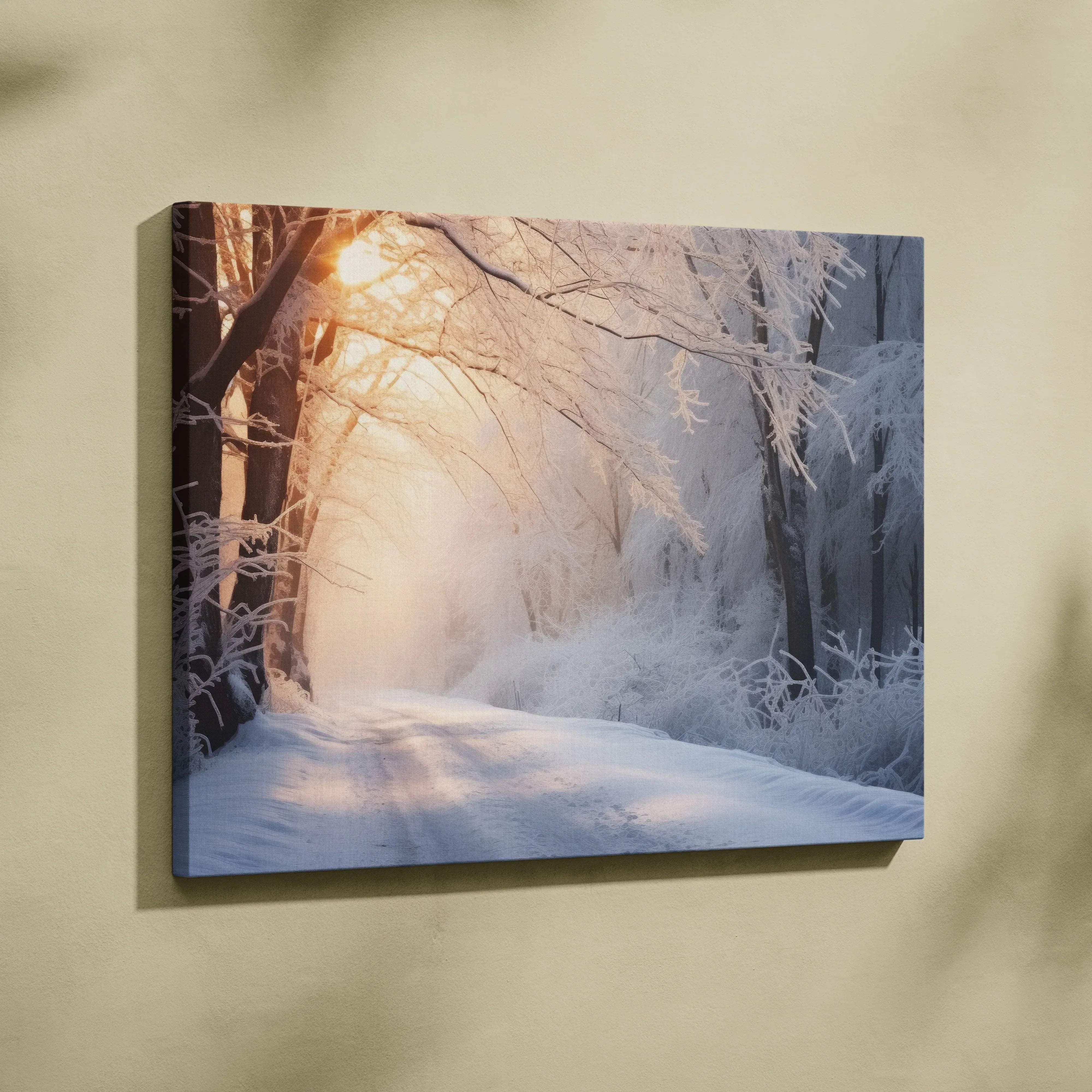 Snow-covered forest pathway canvas print with frost-laden branches and golden sunlight filtering through trees