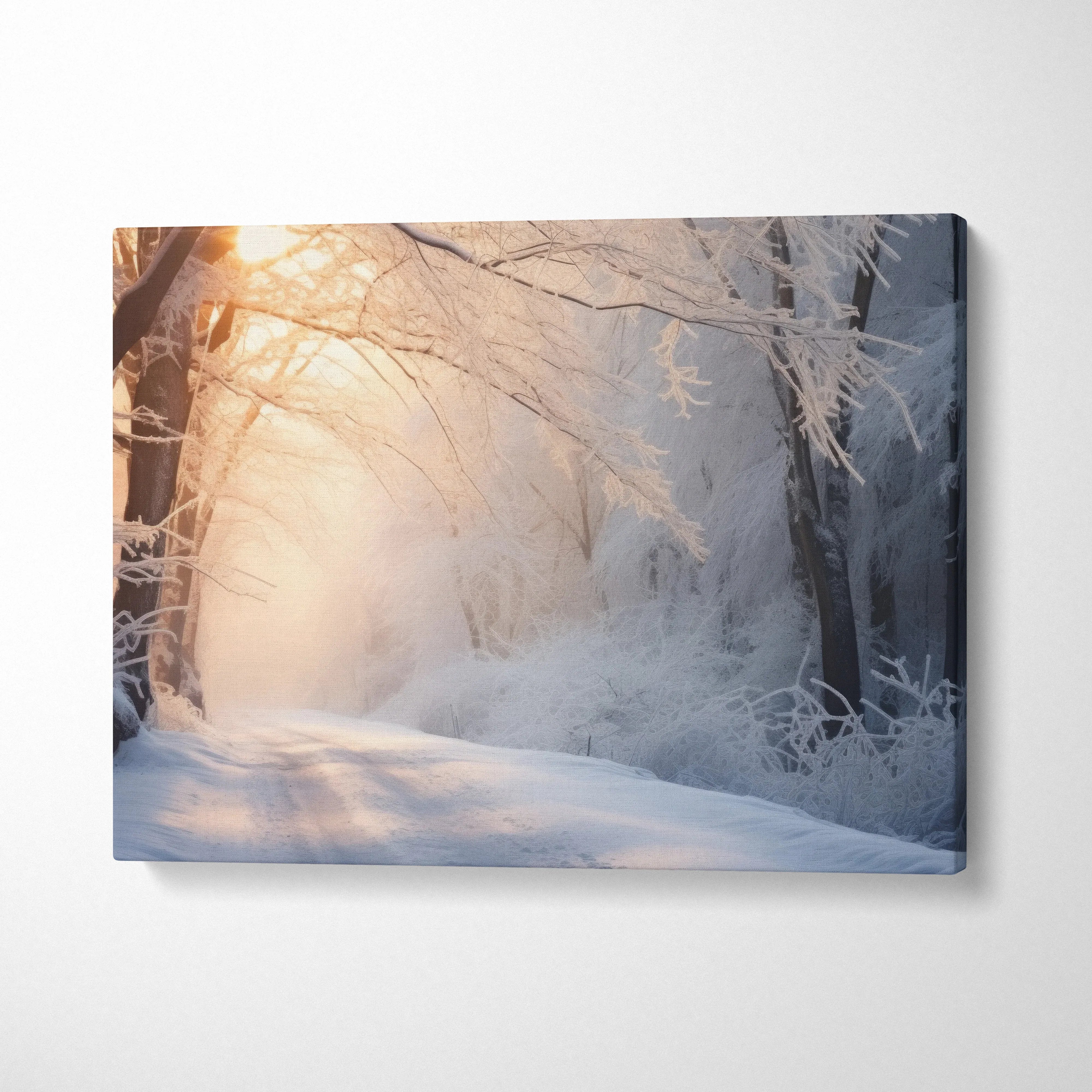 Winter snowy forest landscape canvas wall art with soft golden sunset glow and frosted trees decor.