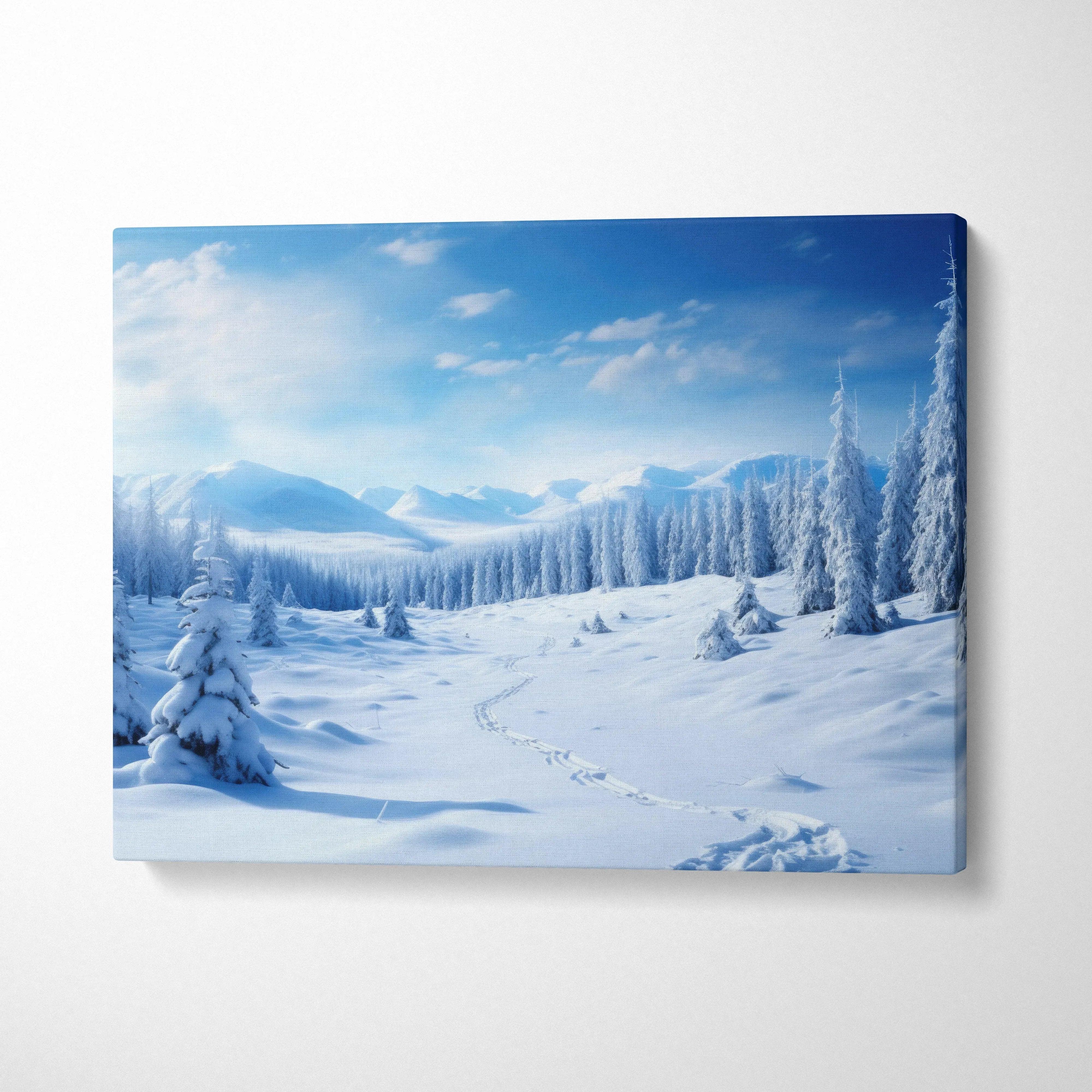 Snowy winter landscape canvas wall art with frosted trees and bright blue sky decor.