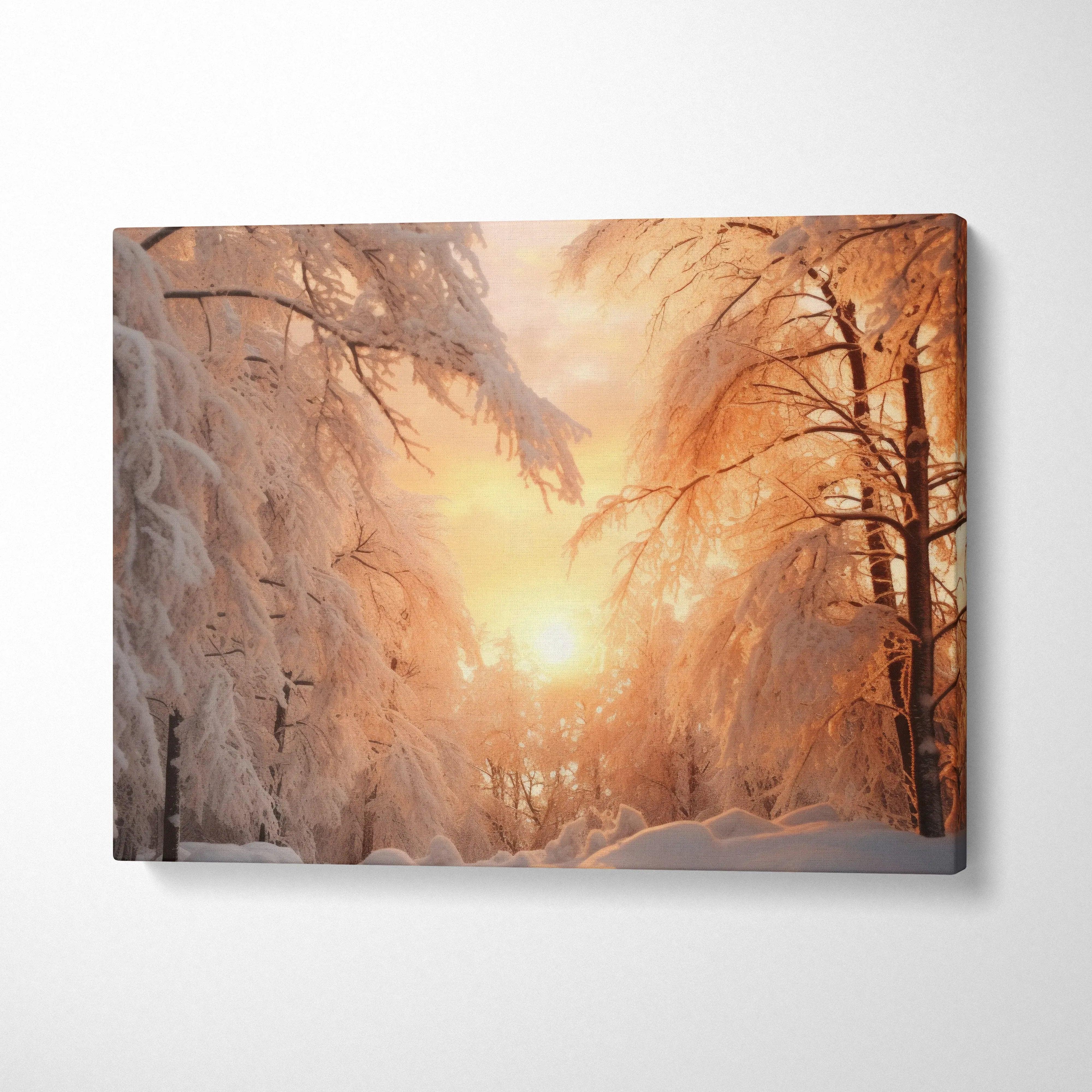 Winter forest sunset canvas wall art with snow-covered trees and warm golden sky decor.