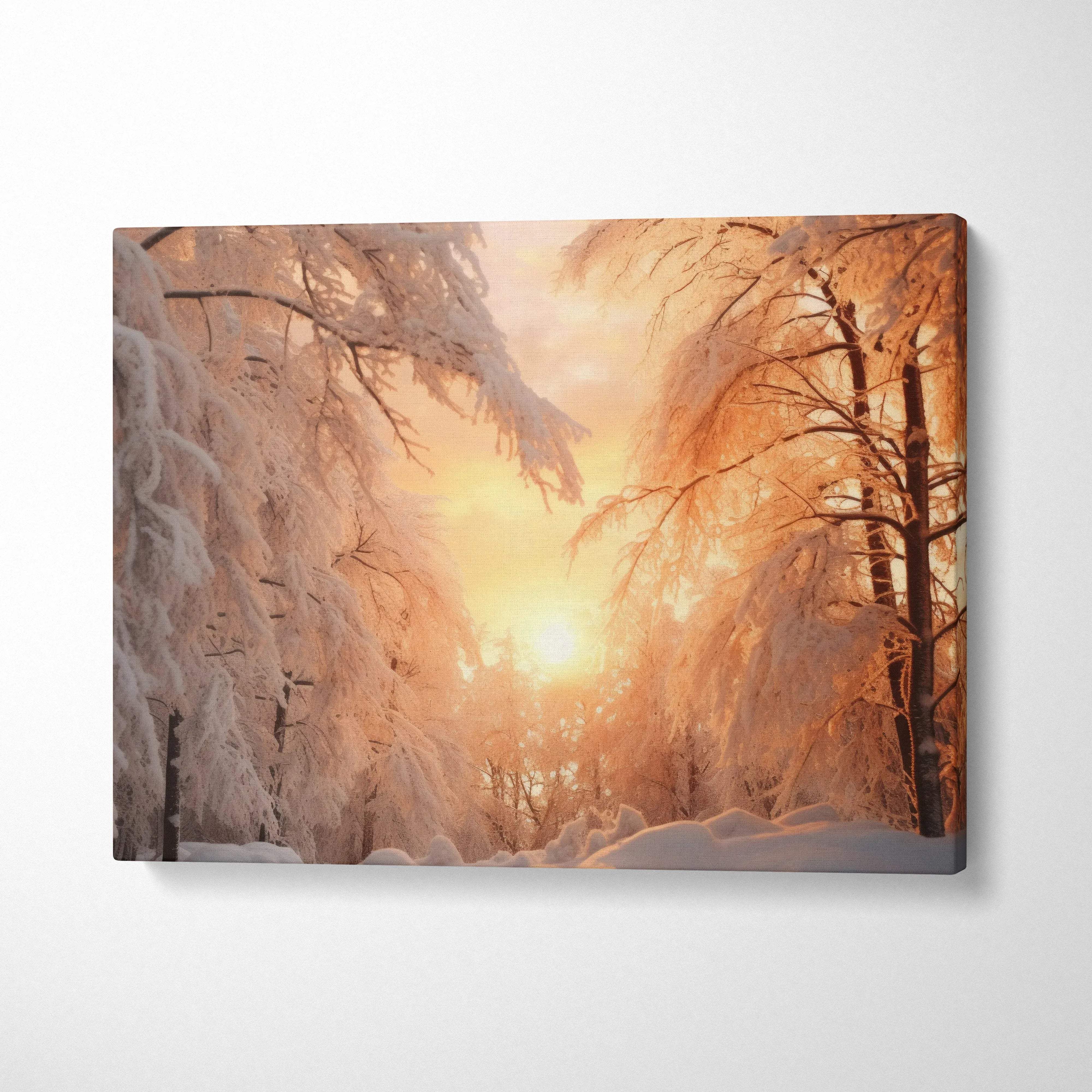 Winter forest sunset canvas wall art with snow-covered trees and warm golden sky decor.