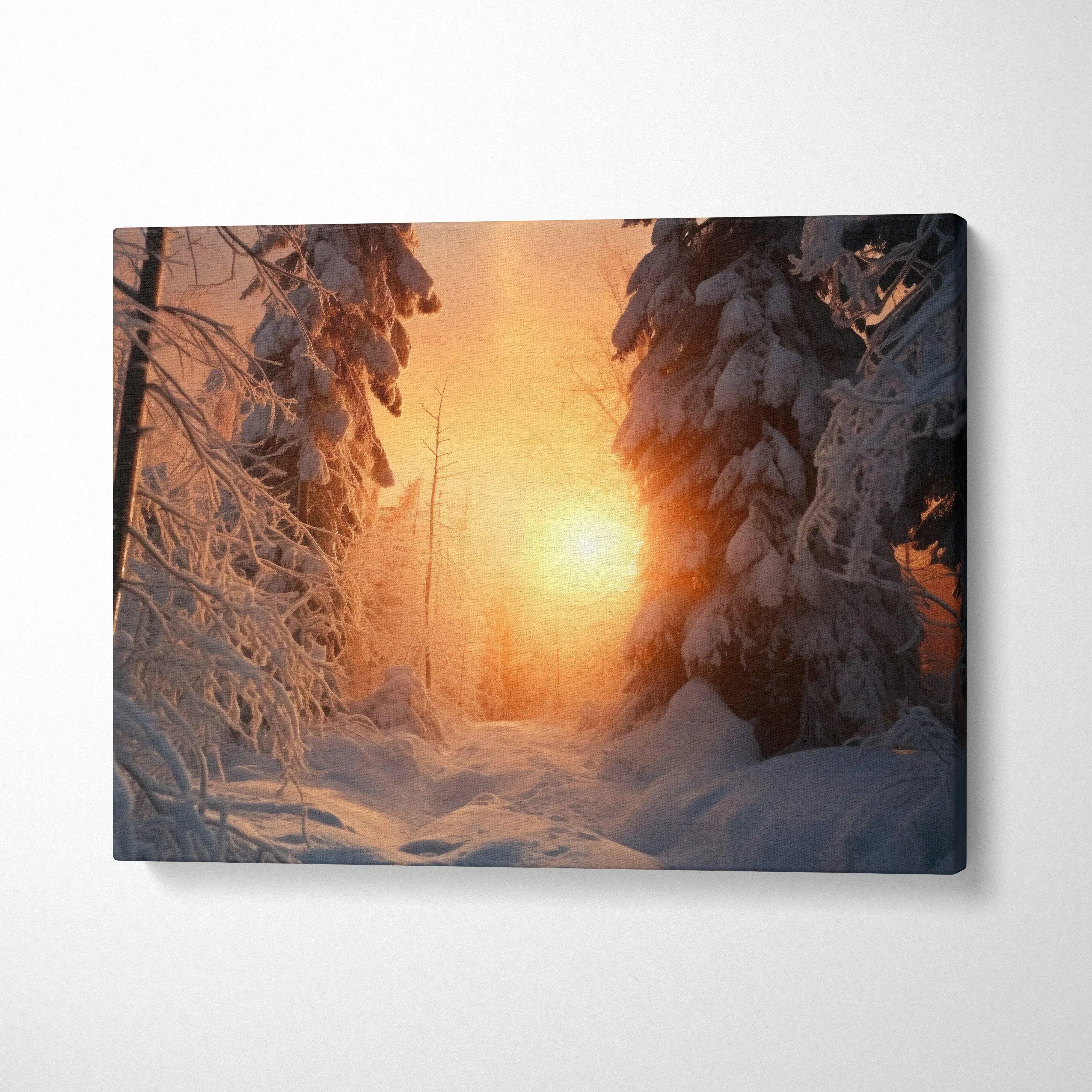 Canvas wall art featuring a dreamy snowy forest with a glowing sunset, perfect winter decor.