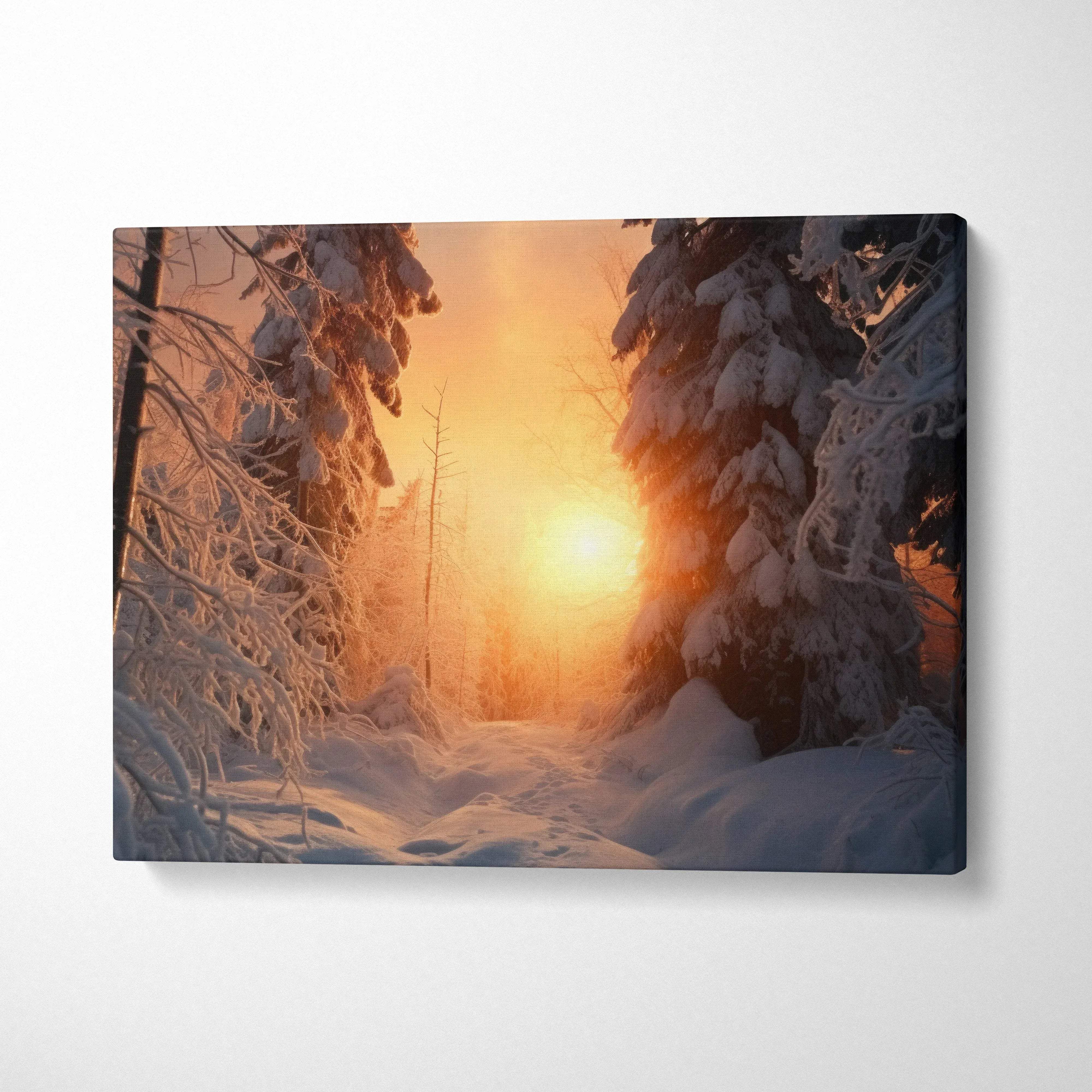 Canvas wall art featuring a dreamy snowy forest with a glowing sunset, perfect winter decor.