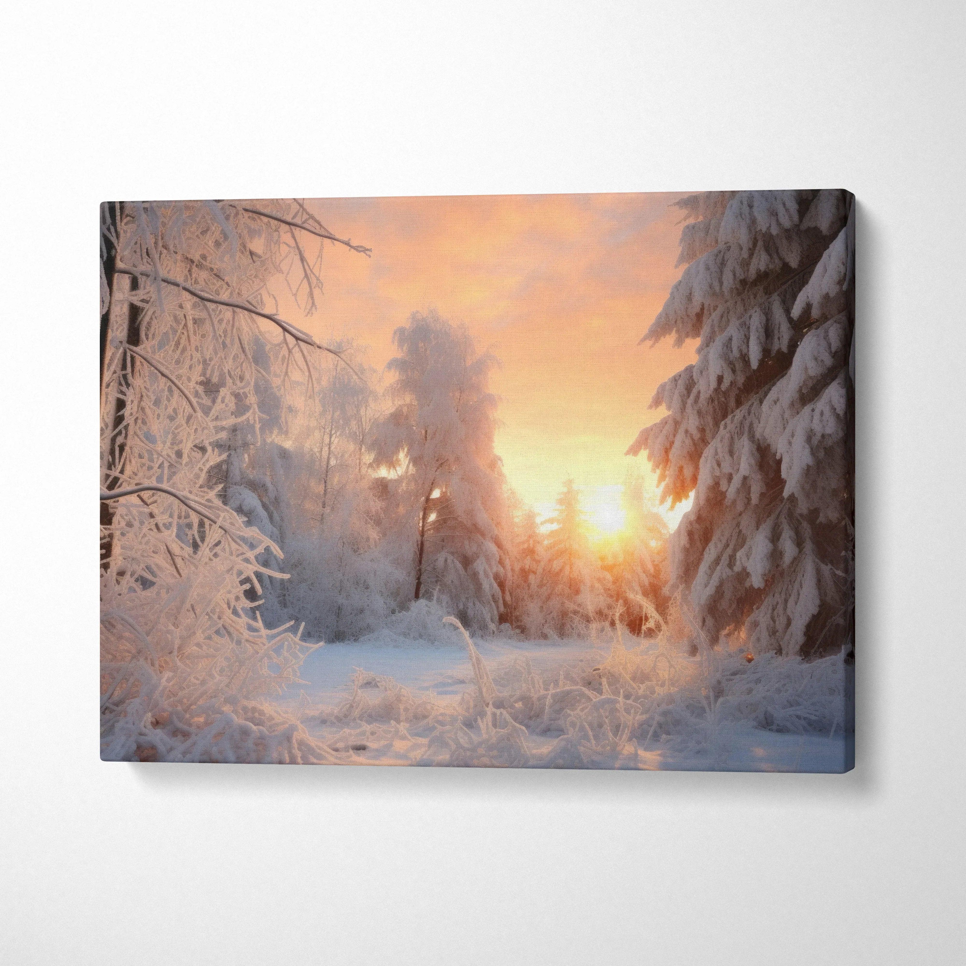 Canvas wall art featuring a snowy forest at winter sunset with warm orange and blue tones.