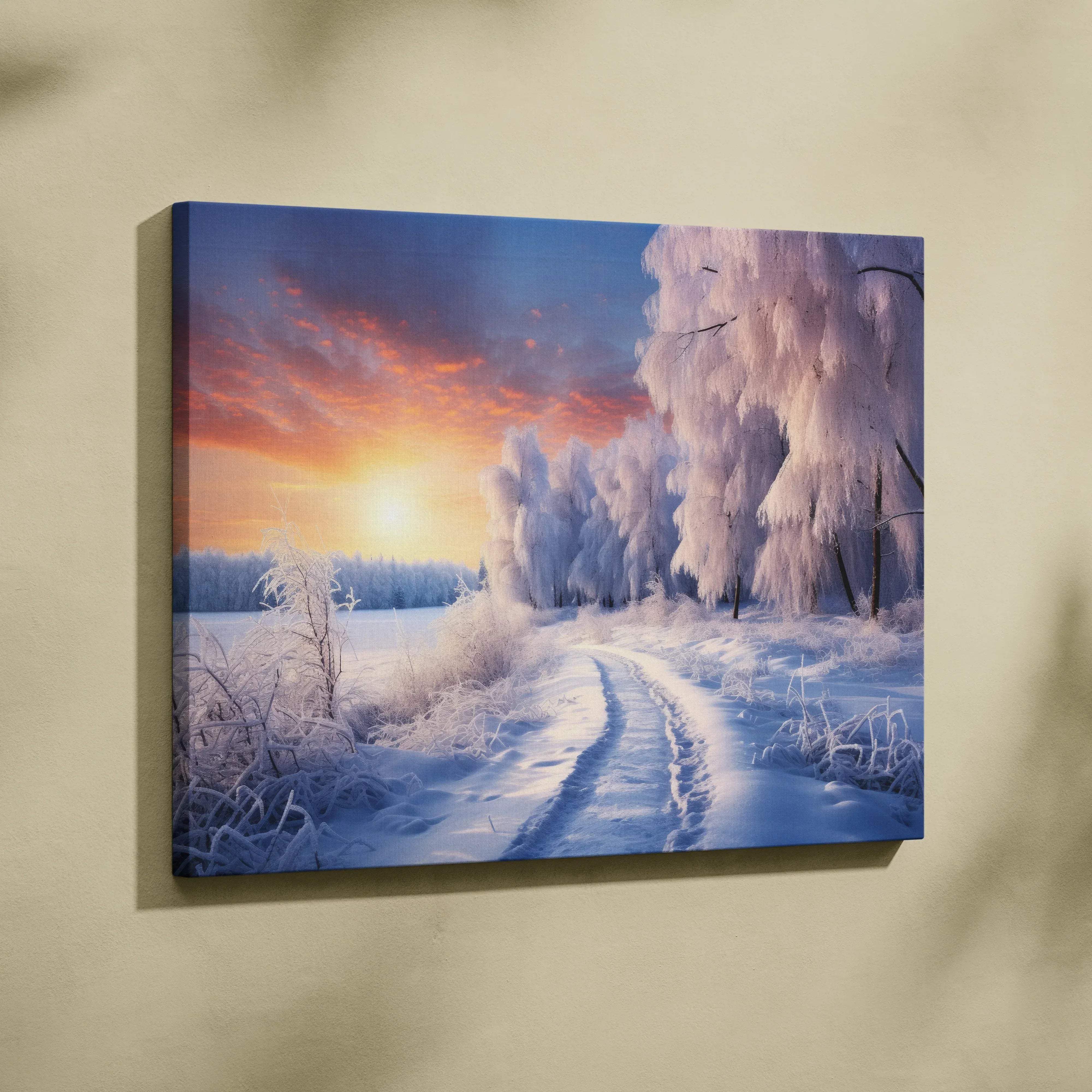 Canvas wall art of a snow-covered forest path with frosty trees under a soft pink and orange sunset sky