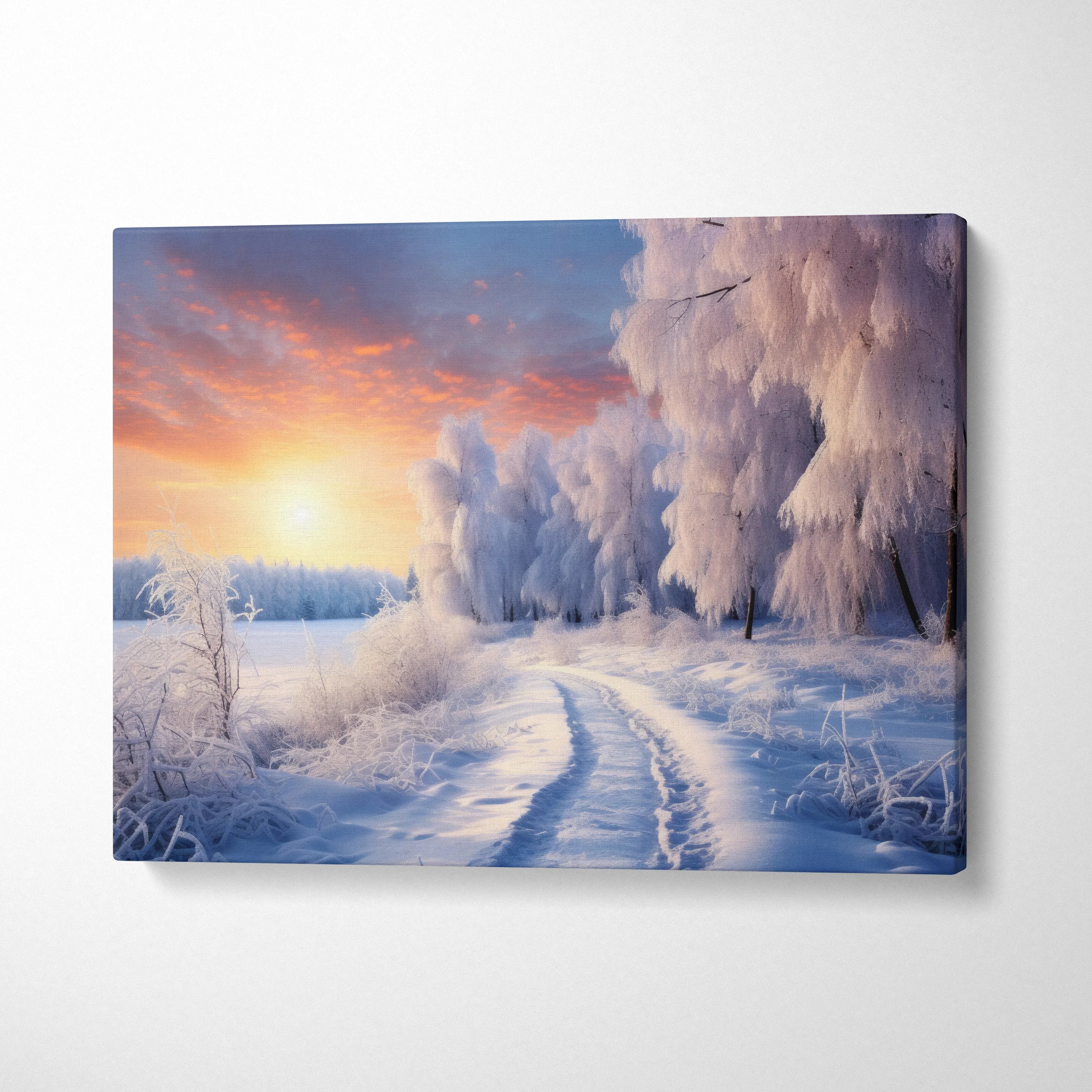 Winter landscape canvas wall art with snowy path and vibrant sunset sky for home decor.