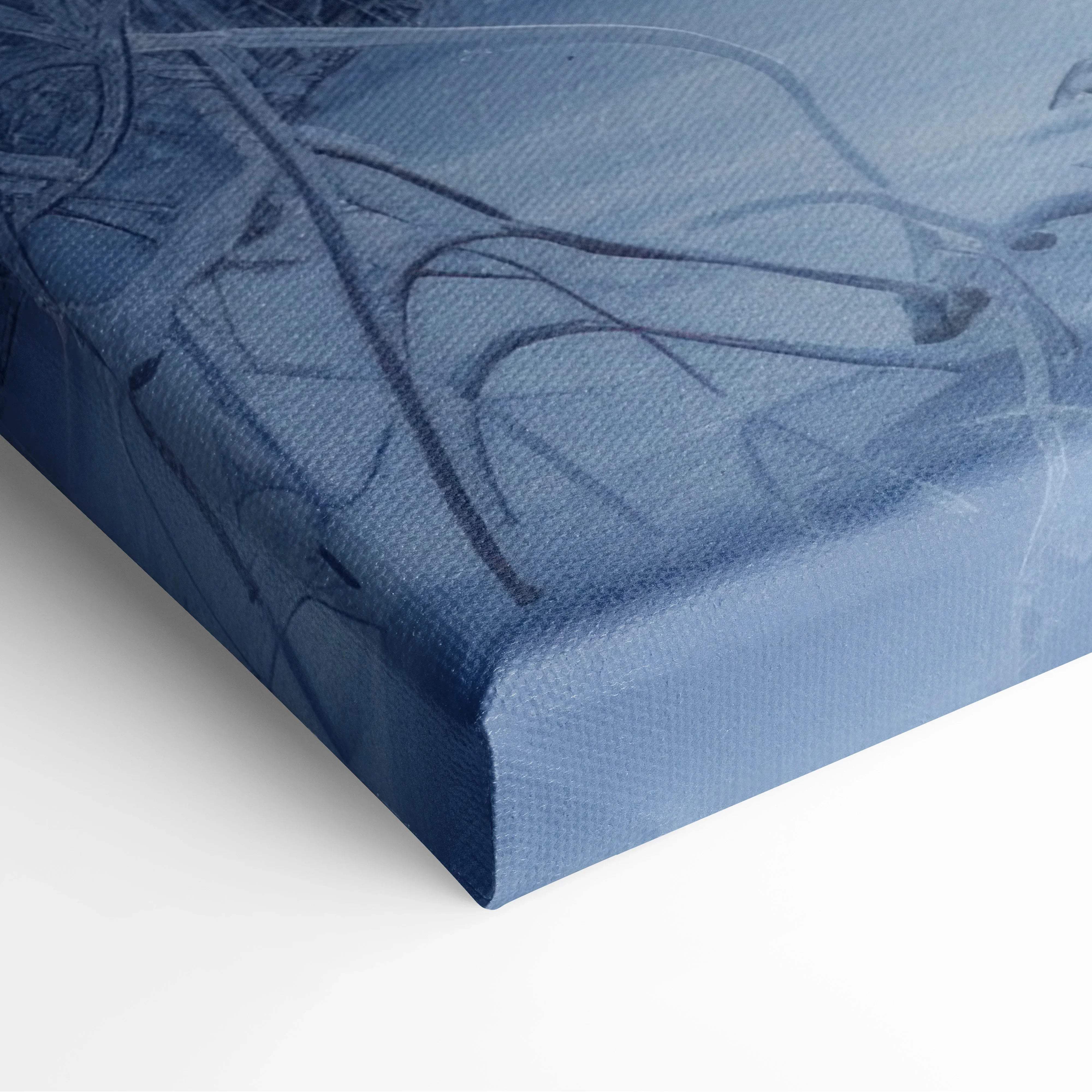 Blue canvas print with subtle abstract botanical design featuring dreamy snowy sunset in serene blue tones for living room decor
