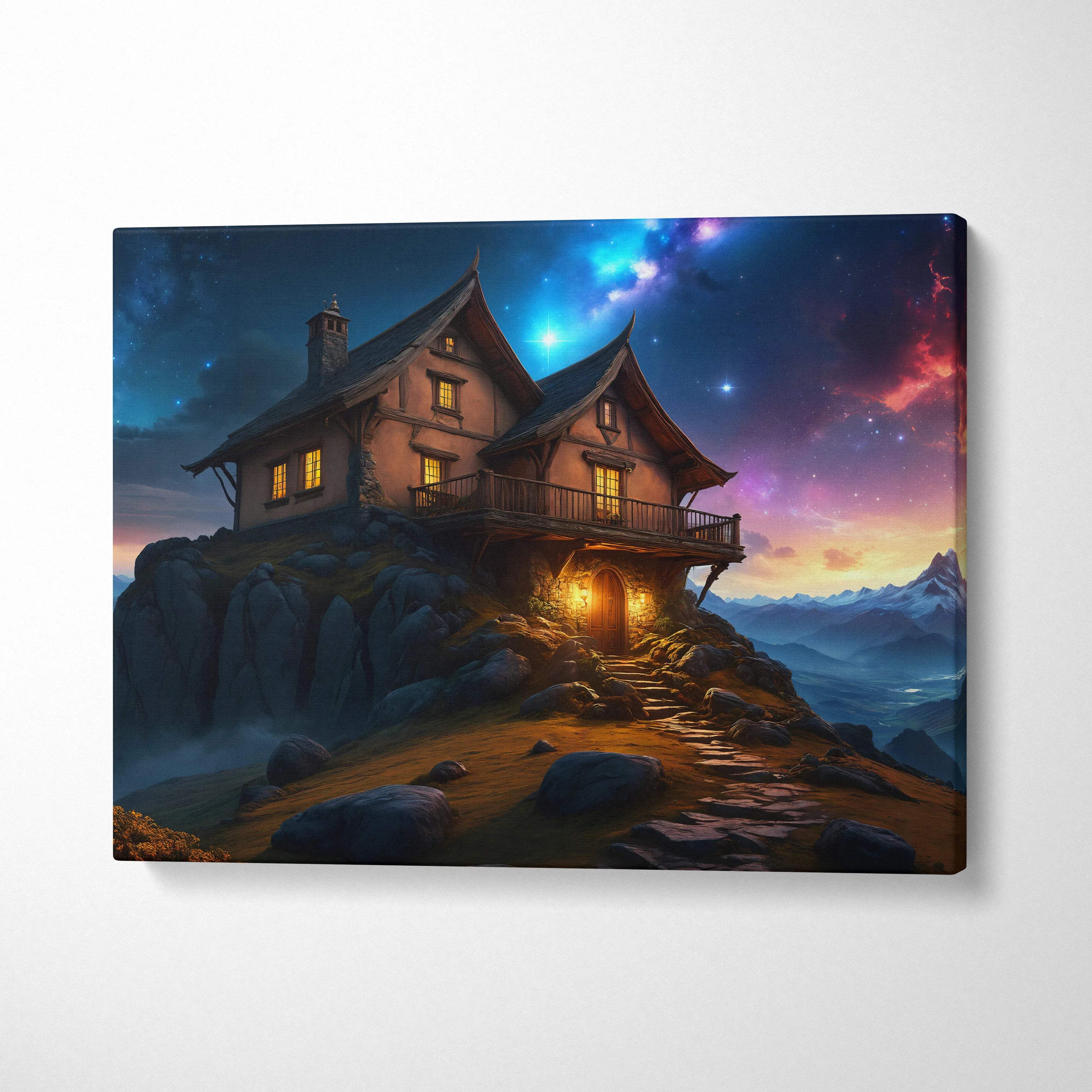 Cozy fantasy wooden house on rocky hill under starry galaxy sky at twilight