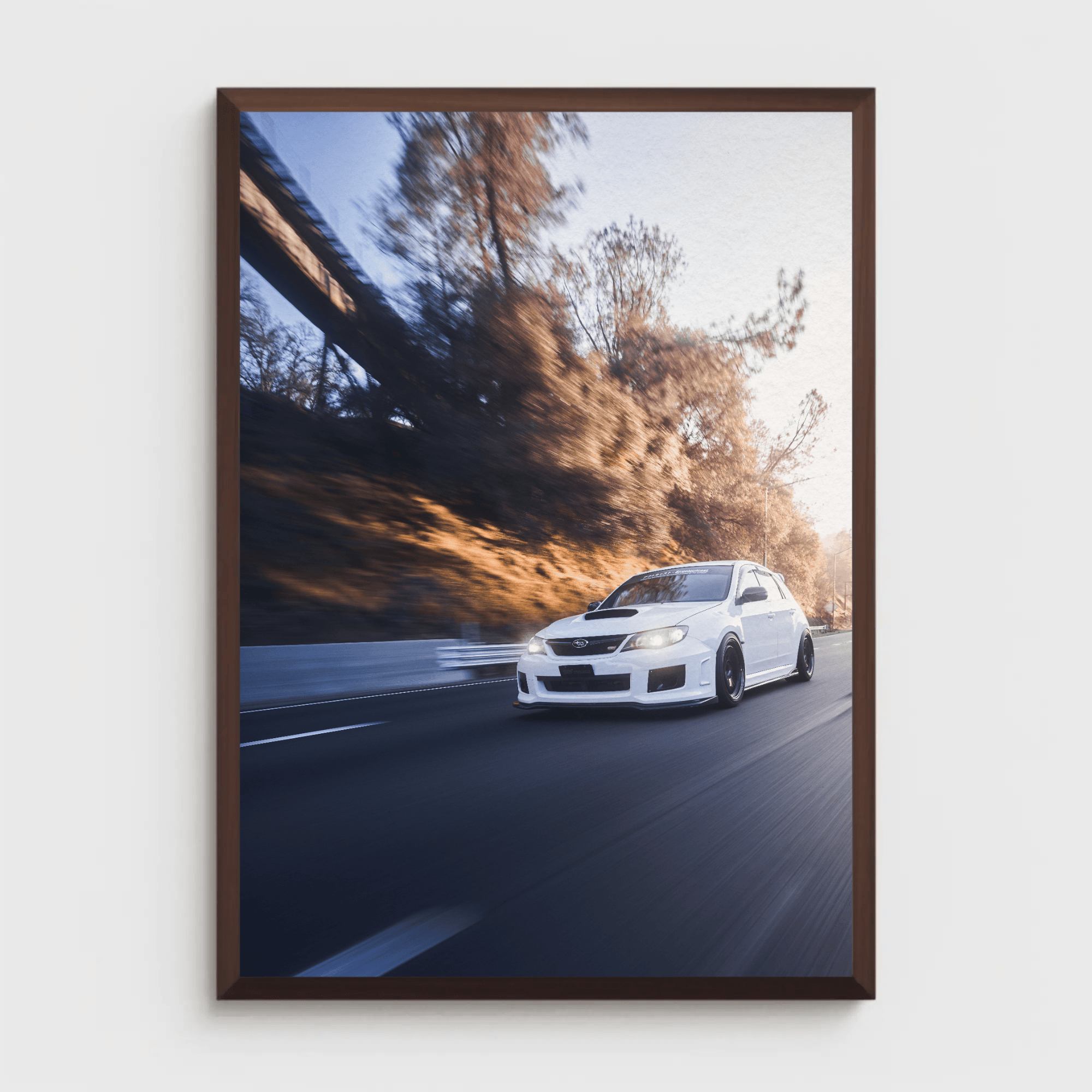 White Subaru WRX speeding with motion blur in wooden frame poster