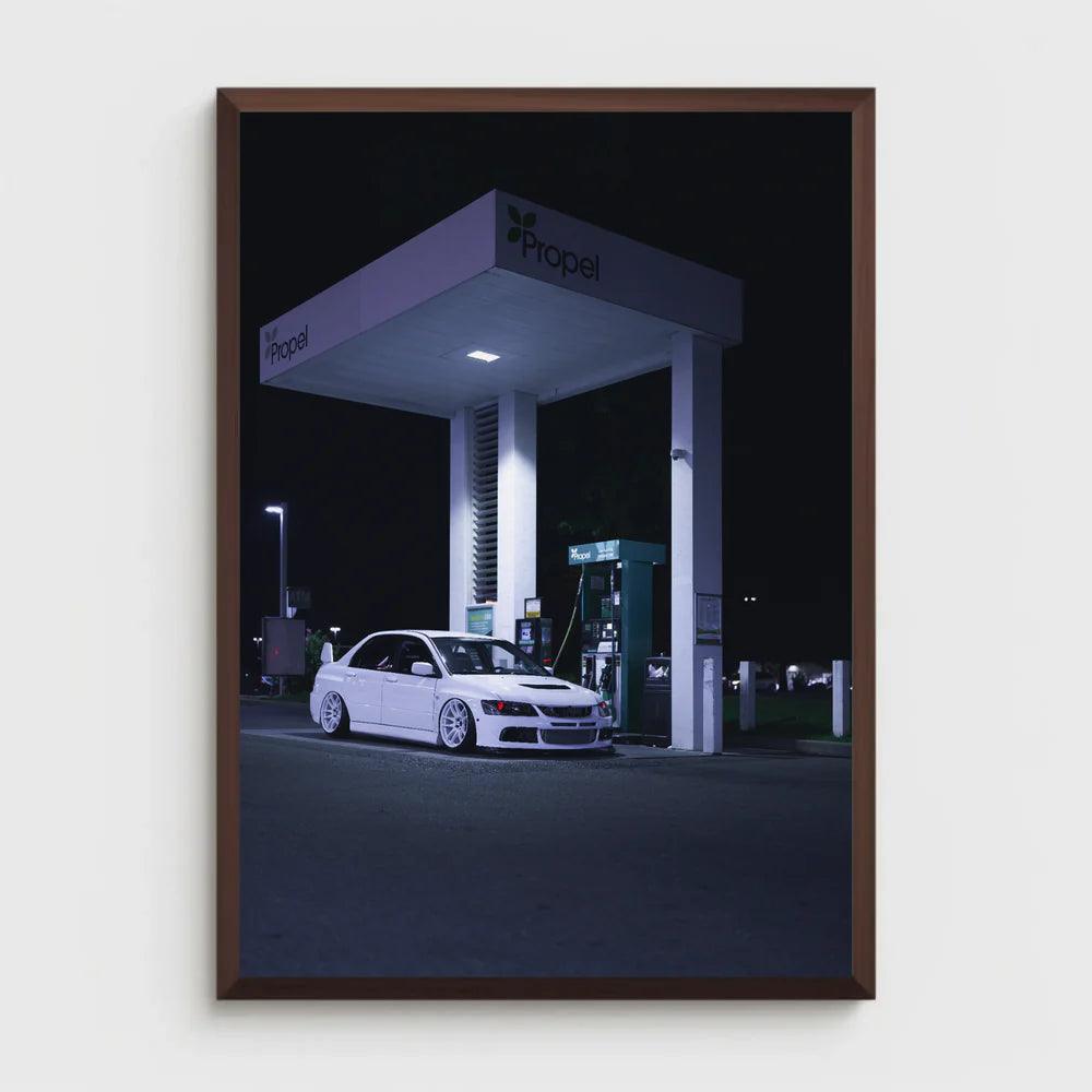 White Mitsubishi sports car poster with sleek design, custom wheels in dark wood frame
