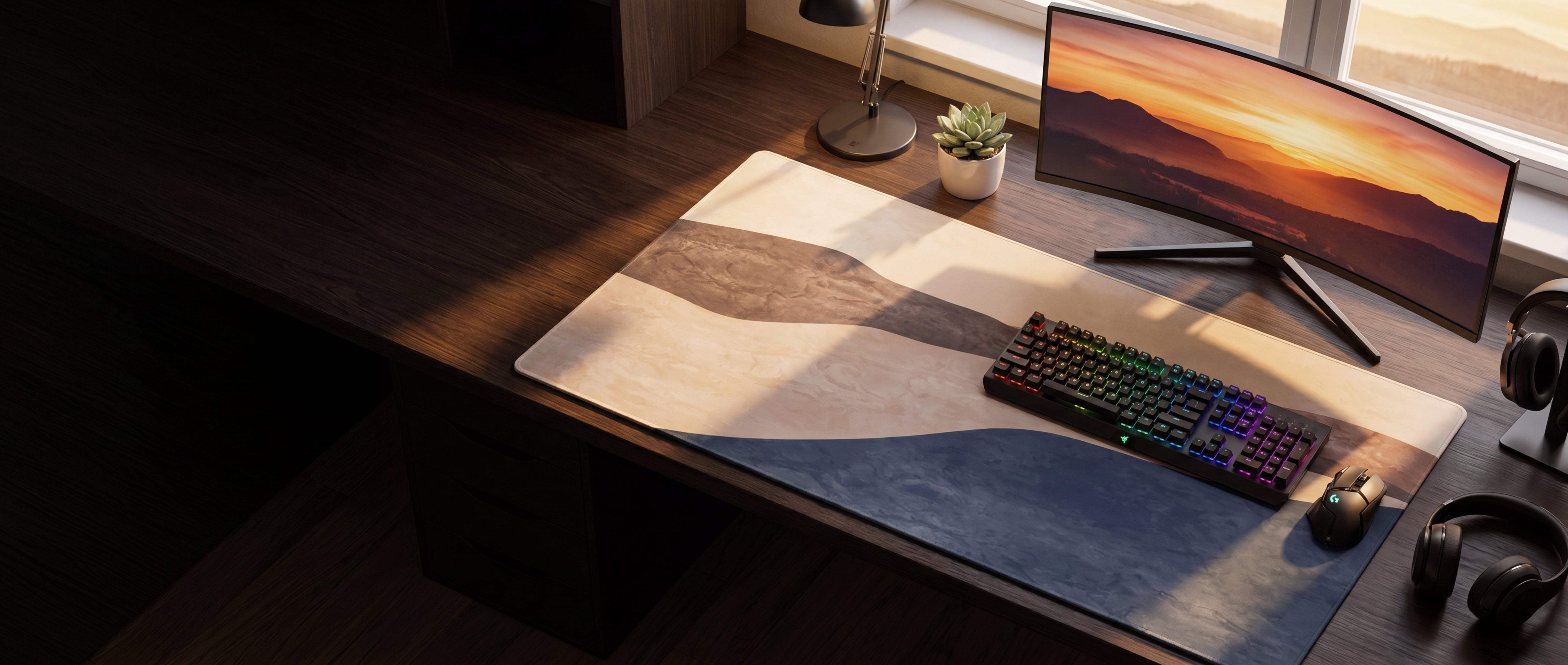 A sleek, curved monitor with a vibrant sunset landscape displayed on its screen.