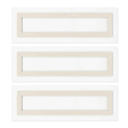 Three-panel white framed canvas wall art set with a modern geometric design.