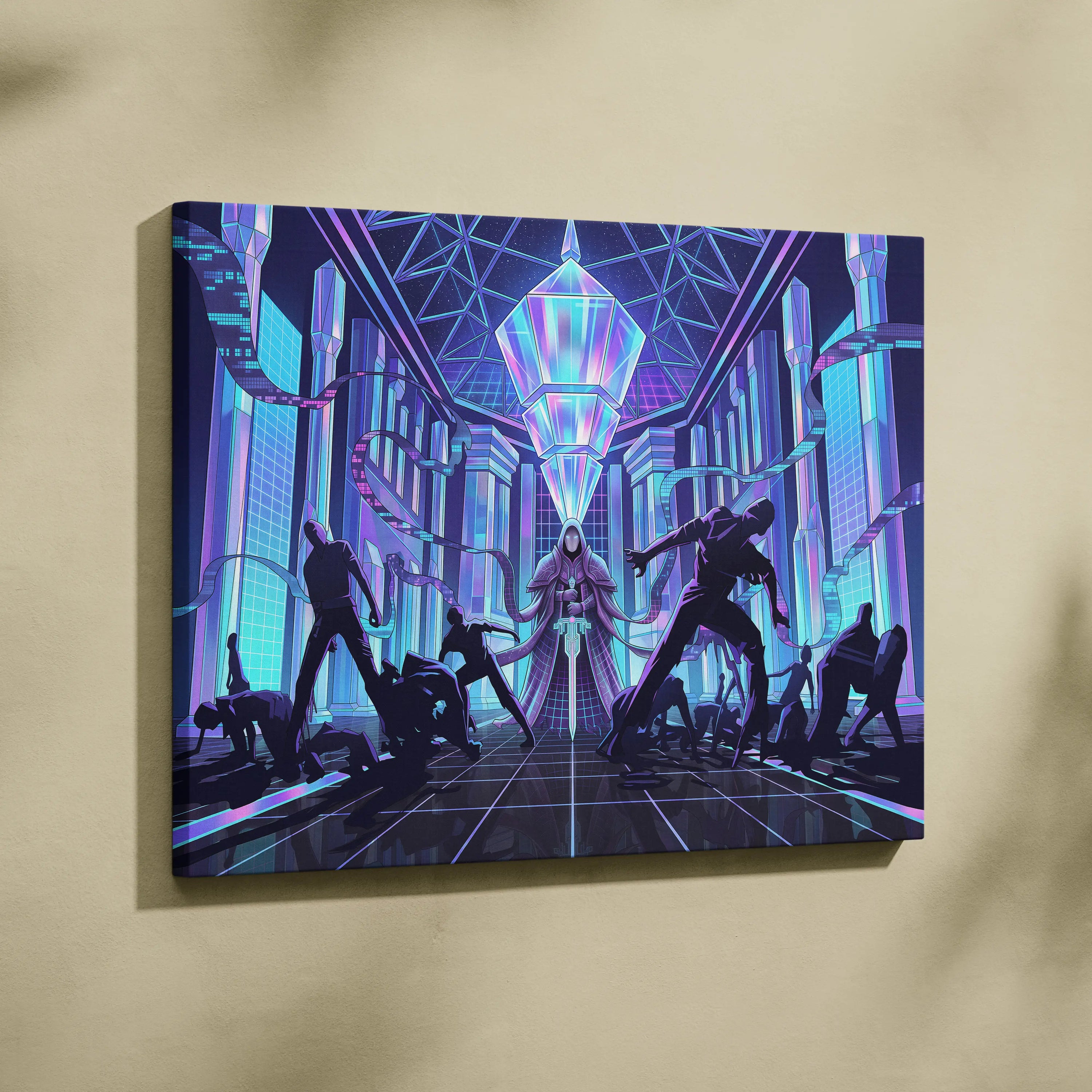 Vaporwave Neon City Canvas - Vaporwave Purple Blue Neon Living Room Retro-Futurism Dreamy Neon Futuristic Synthwave Wall Art Canvas