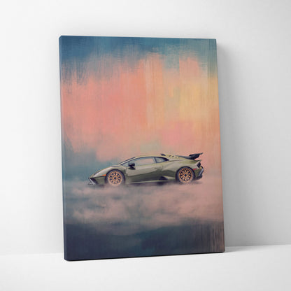Olive green lamborghini huracán sto inspired canvas art with gold rims and sunset sky premium wall decor