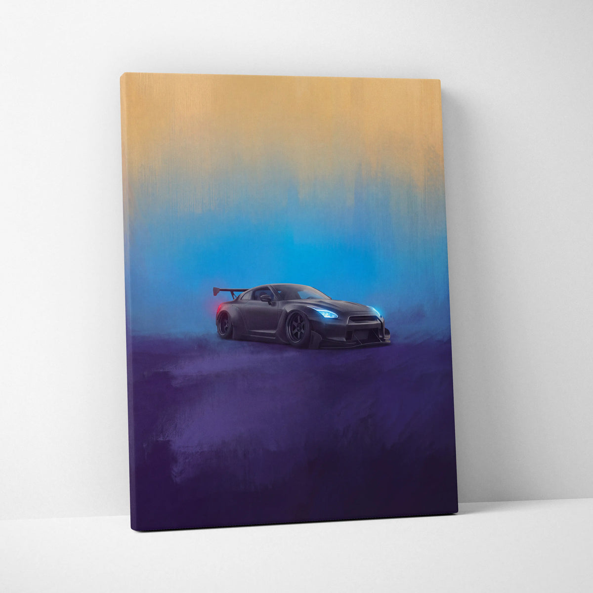 Nissan gt-r r35 inspired canvas art featuring a matte black supercar with blue headlights and red taillight against a gradient sky