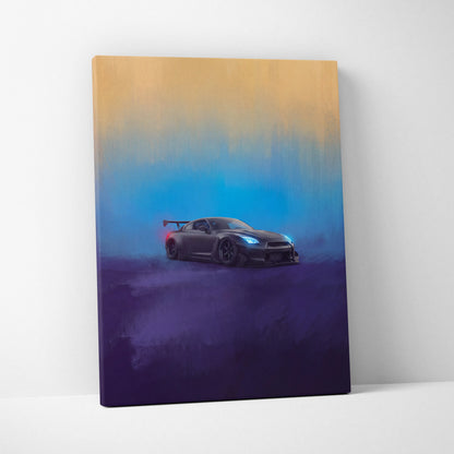 Nissan gt-r r35 inspired canvas art featuring a matte black supercar with blue headlights and red taillight against a gradient sky
