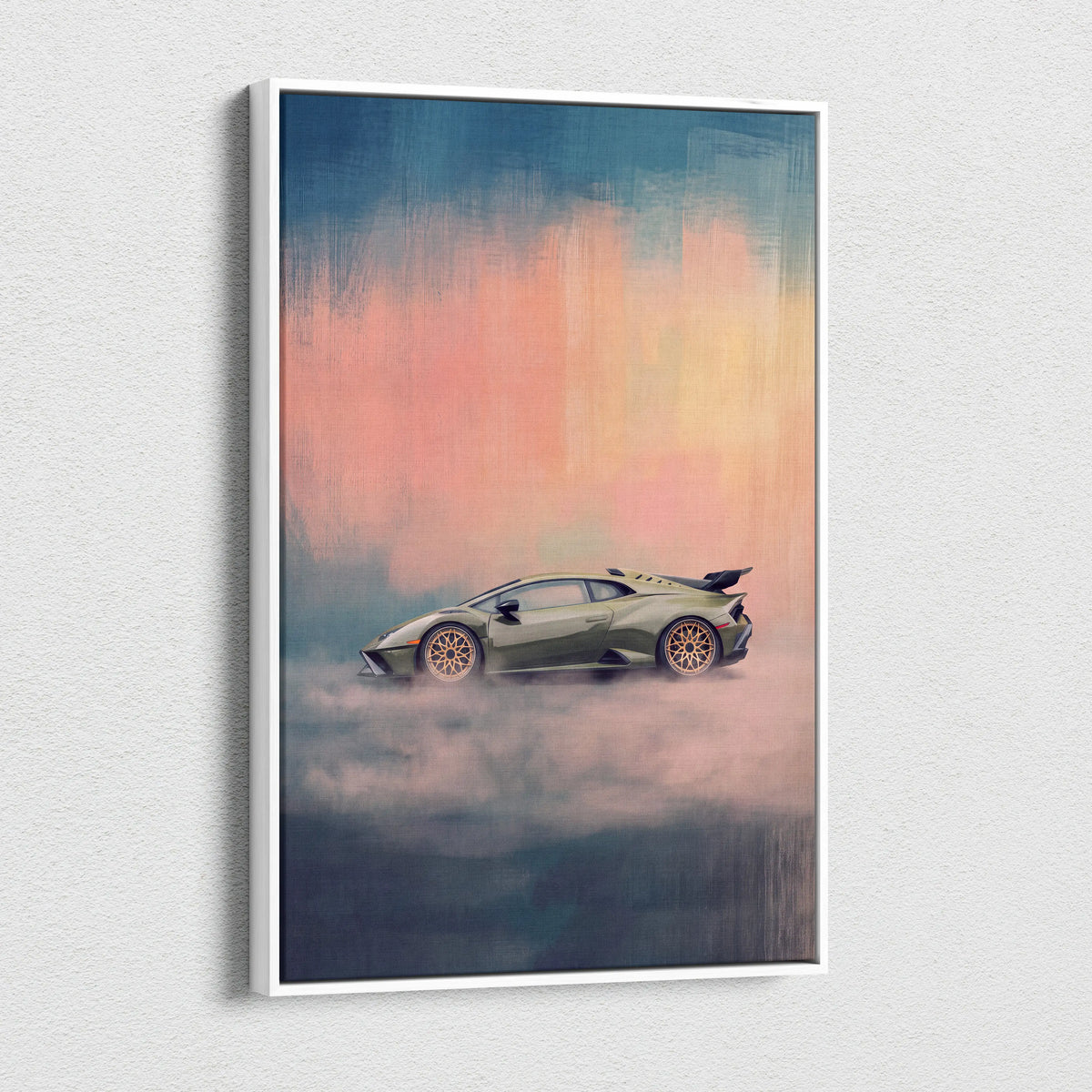 Olive green Lamborghini Huracán STO inspired canvas art featuring golden rims in a cloud-draped stylized design