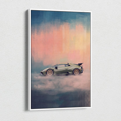 Olive green Lamborghini Huracán STO inspired canvas art featuring golden rims in a cloud-draped stylized design