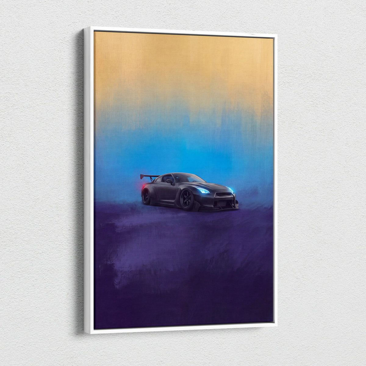 Nissan gt-r r35 inspired matte black canvas art featuring a sleek black supercar with glowing blue headlights and rear spoiler