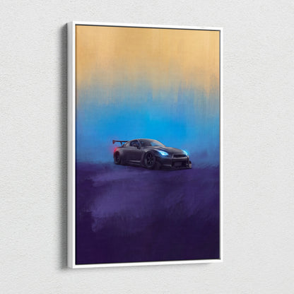 Nissan gt-r r35 inspired matte black canvas art featuring a sleek black supercar with glowing blue headlights and rear spoiler