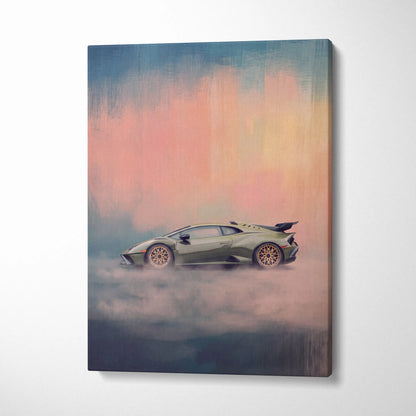 Olive green lamborghini huracán sto inspired canvas print with gold rims and pink orange sky backdrop