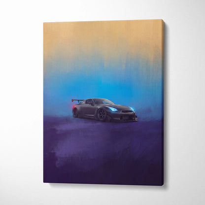 Matte black nissan gt-r r35 inspired canvas art with glowing blue headlights and red taillights for wall decor