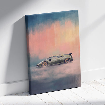 A canvas print of a green lamborghini huracán with gold rims against a pink and blue dreamy gradient sky