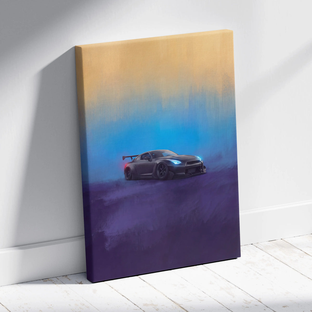Matte black Nissan GT-R R35 sports car canvas print with glowing blue headlights on a yellow to purple gradient background