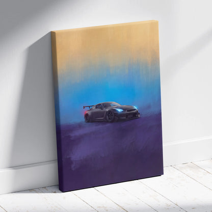 Matte black Nissan GT-R R35 sports car canvas print with glowing blue headlights on a yellow to purple gradient background