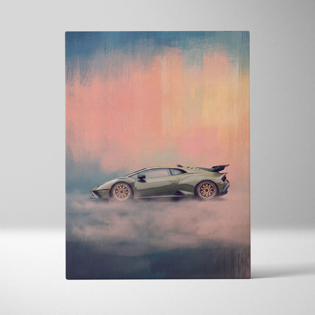 Olive green lamborghini huracán sto inspired canvas art with golden wheels drifting through mist premium wall decor