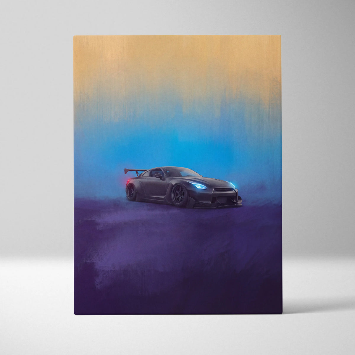 Nissan GT-R R35 inspired canvas art featuring a black matte supercar with glowing blue headlights and red taillights