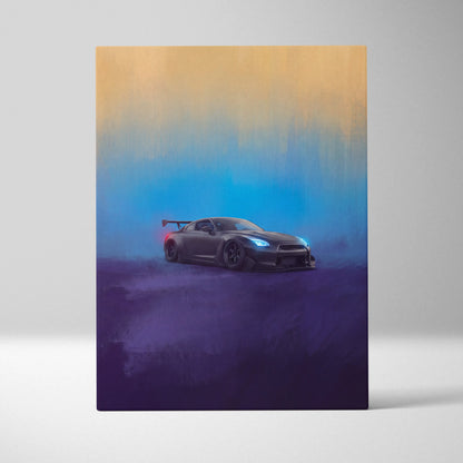 Nissan GT-R R35 inspired canvas art featuring a black matte supercar with glowing blue headlights and red taillights