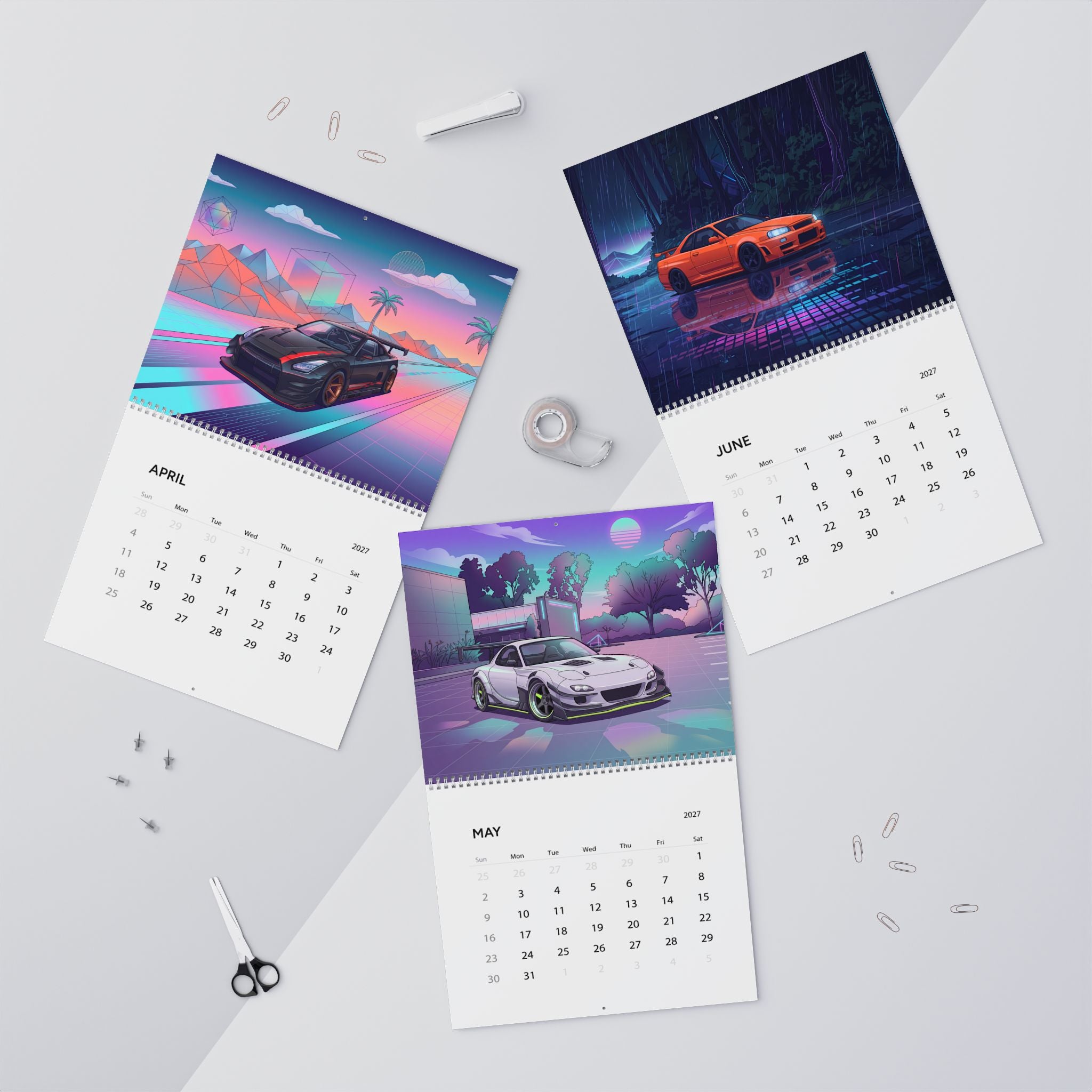 2027 JDM Cars Vaporwave Wall Calendar – Japanese Performance Cars & Retro Neon Artwork Collection