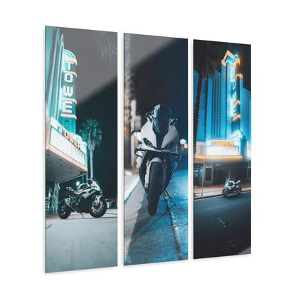 BMW S1000RR motorcycle nighttime triptych canvas art with neon city lights wall art decor.
