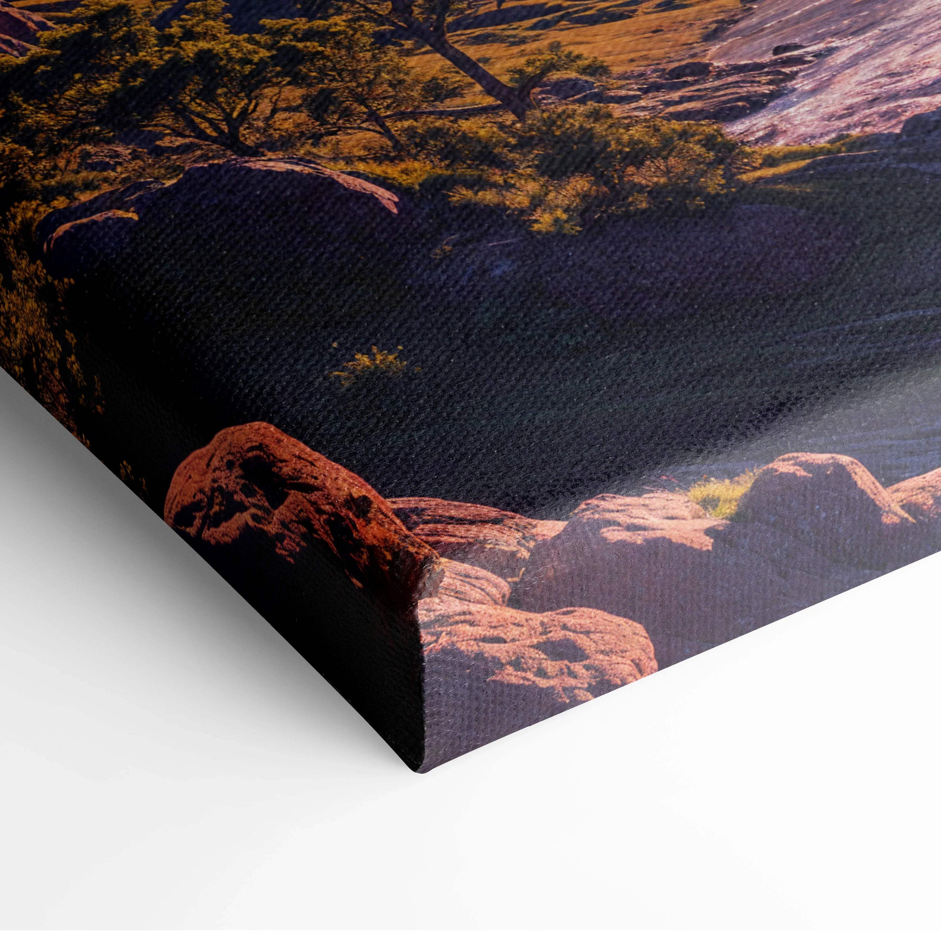 Canvas print of visionary fantasy planet in sky over canyon with sunset glow