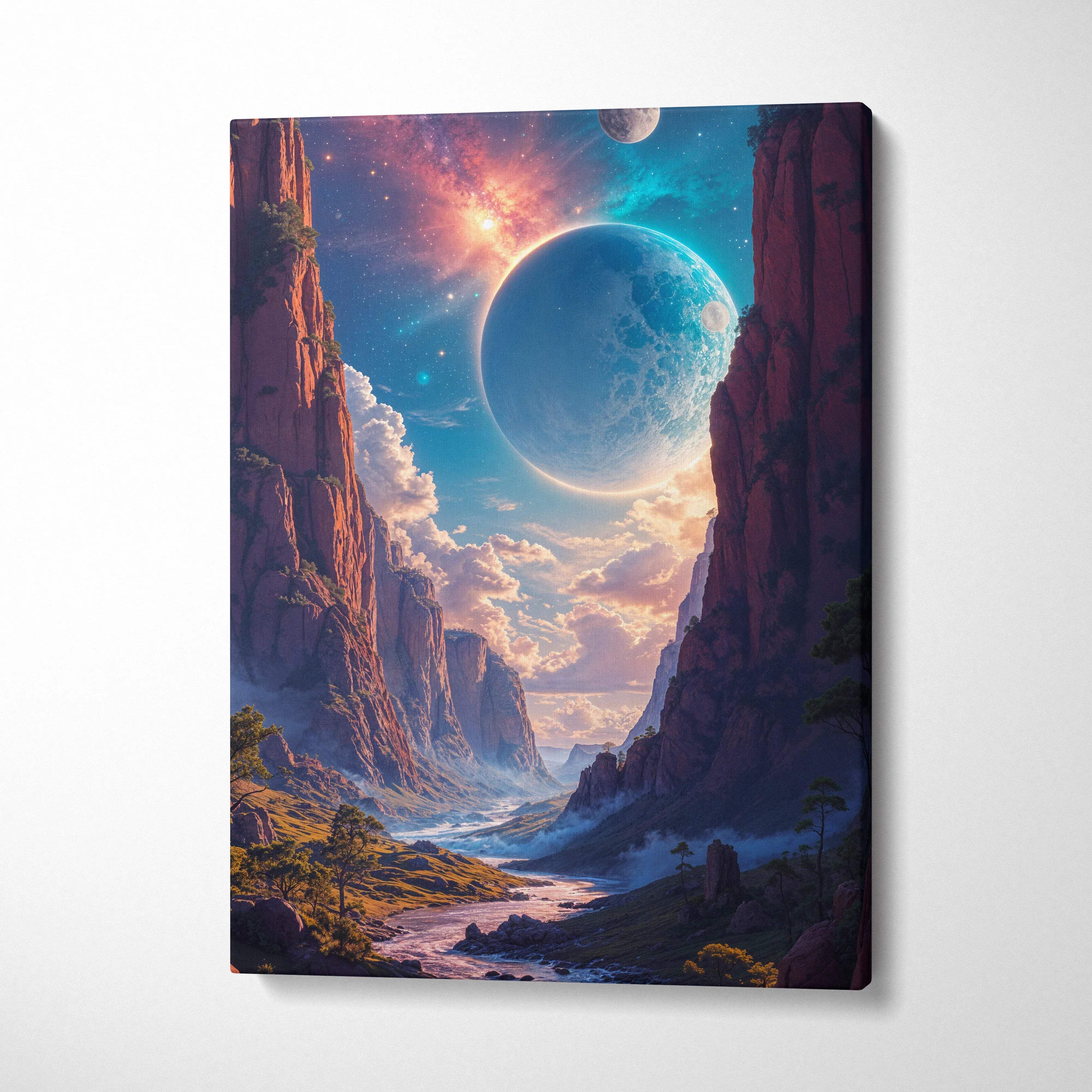 Visionary fantasy canvas art of planet in starry sky over red canyon