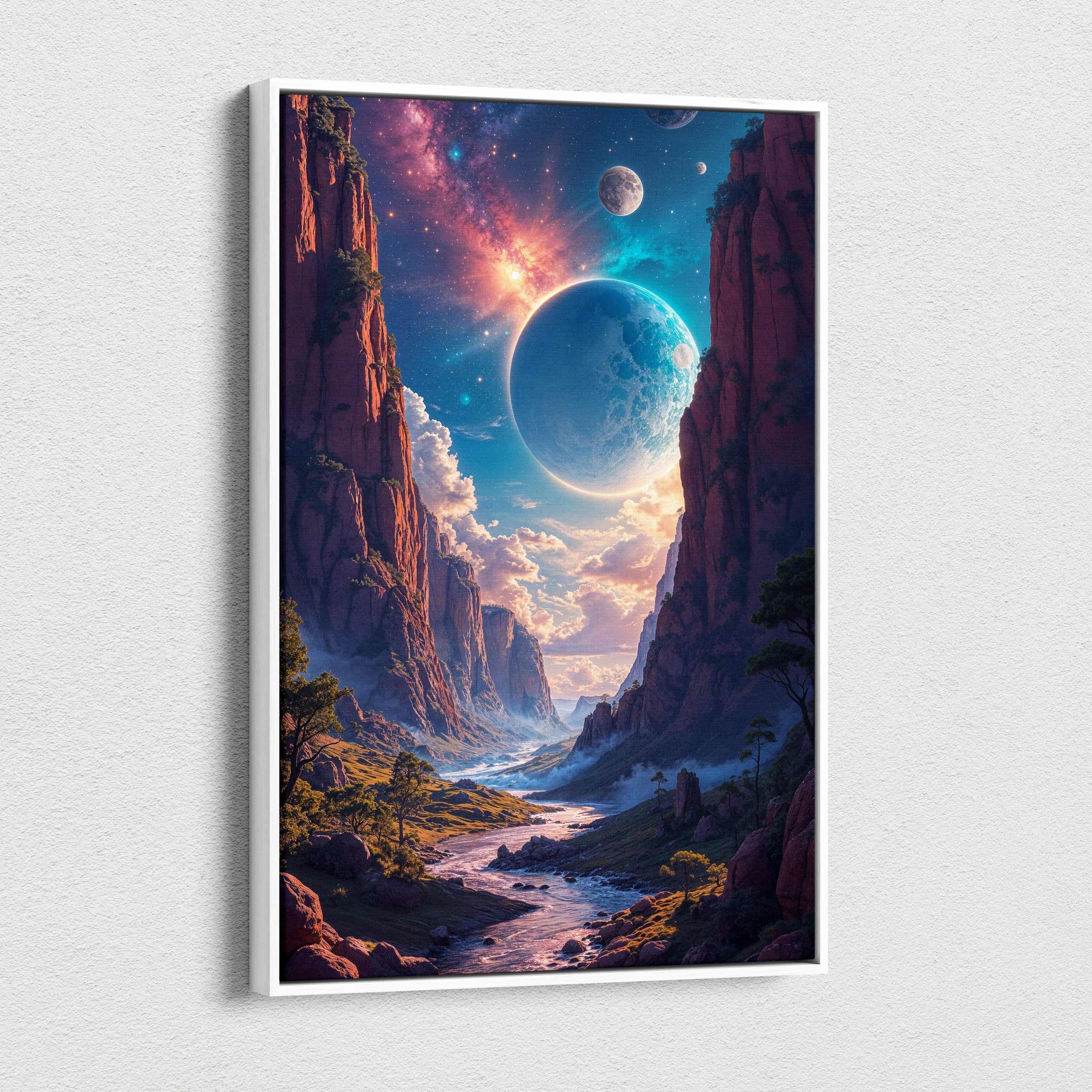 Visionary fantasy canvas wall art with planet in cosmic sky over red rock canyon