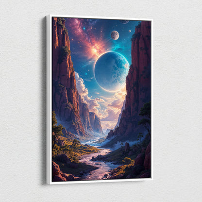 Visionary fantasy canvas wall art with planet in cosmic sky over red rock canyon
