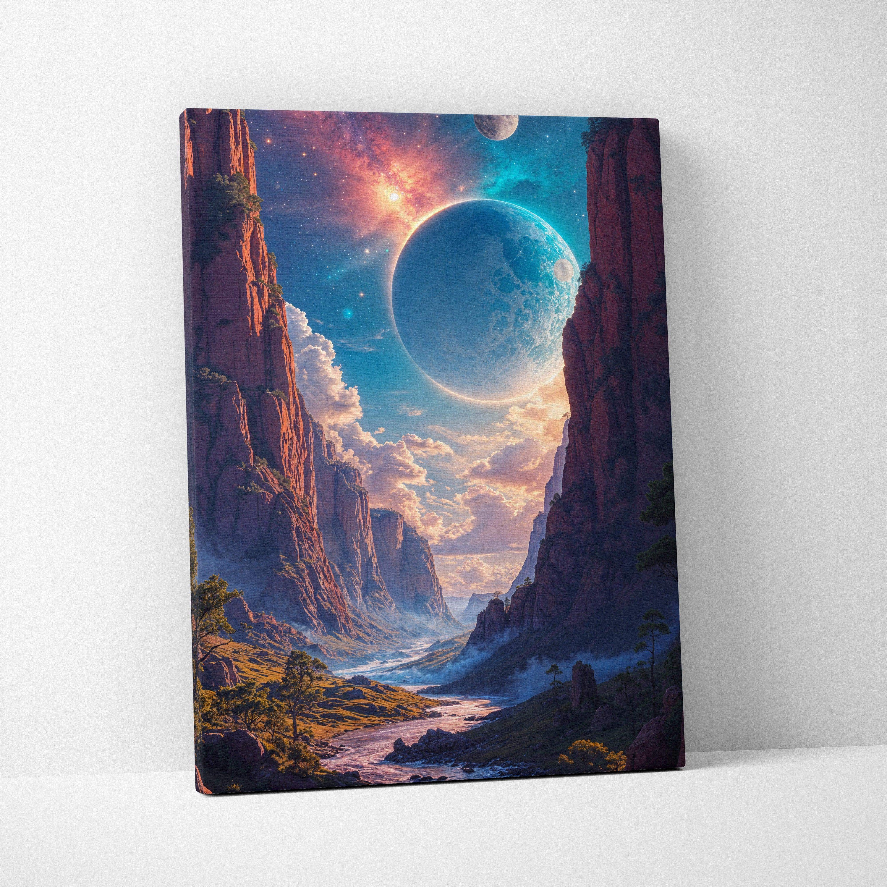 Vibrant canvas wall art of glowing blue planet over red canyon cliffs