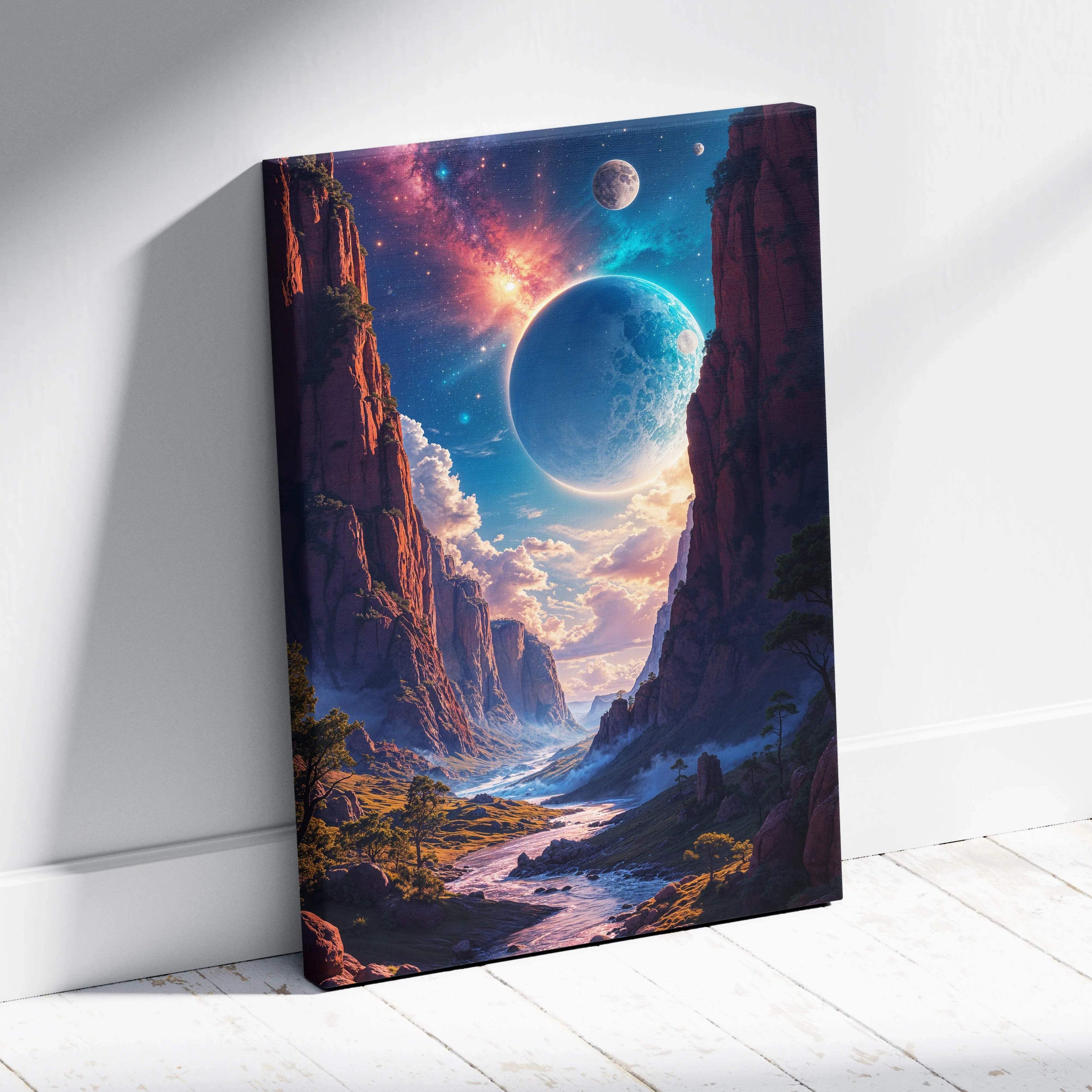 Vibrant canvas print of glowing blue planet over canyon with nebulae sunset glow