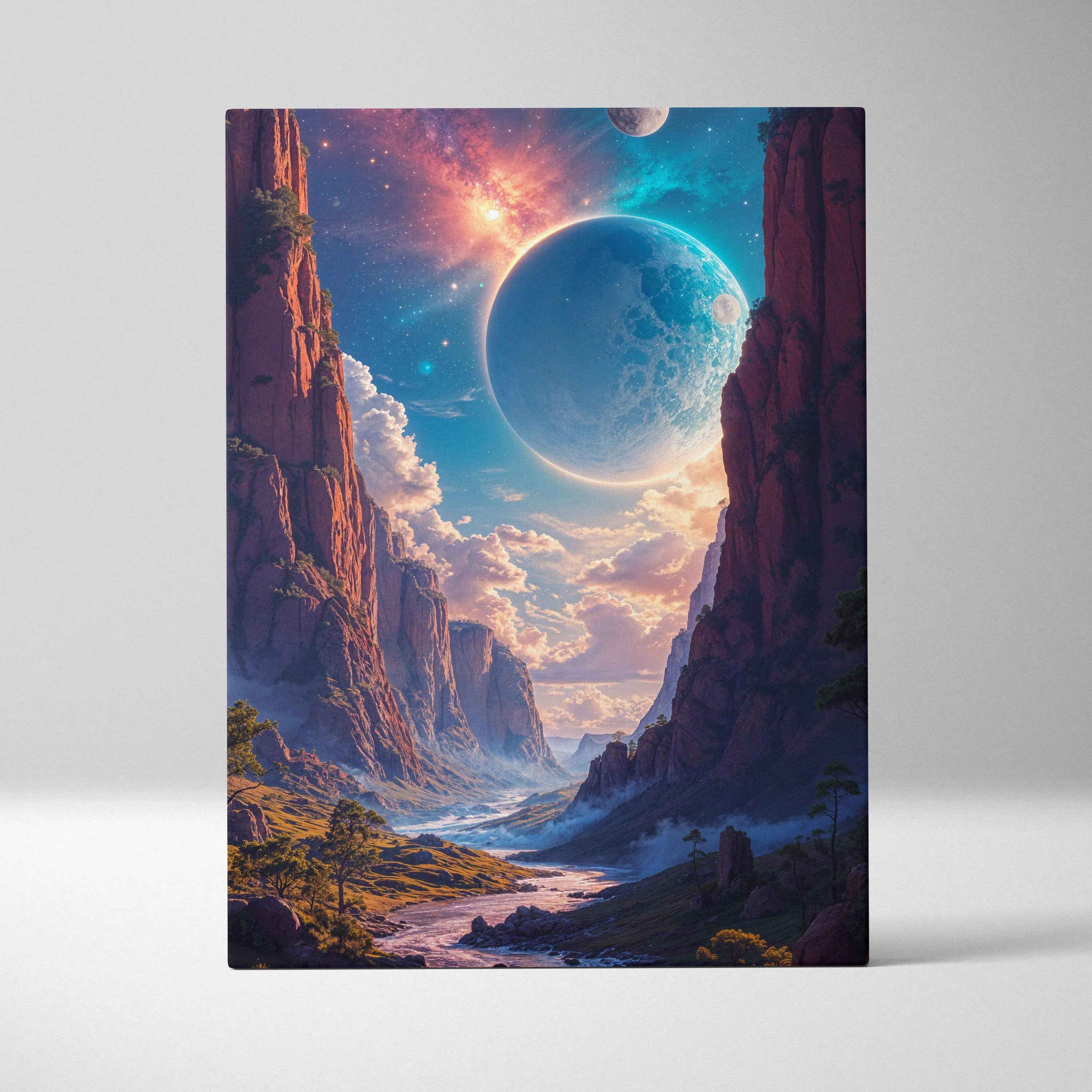 Visionary fantasy canvas print: planet in starry sky over red canyon and river