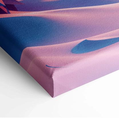 Stylized winter mountain landscape canvas wall art in peach lilac blue sunset hues